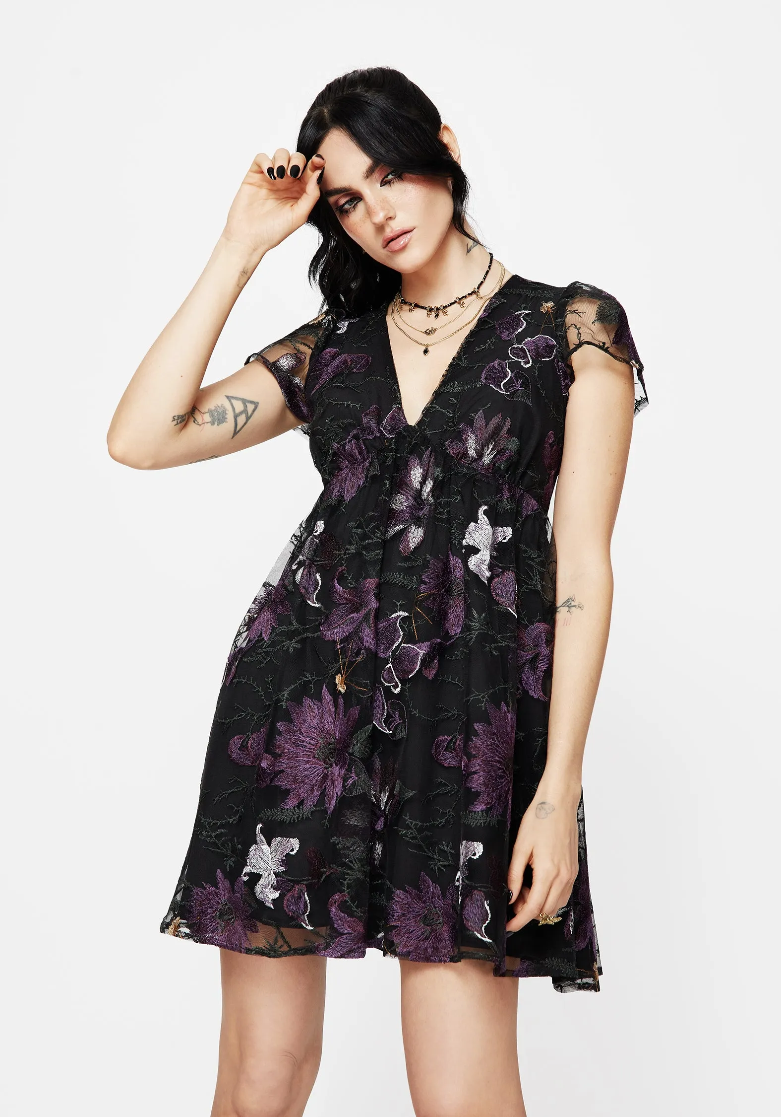 Estrid Embroidered Mesh Flute Sleeve Mini Dress Chilly Comfort Velvet-Edge