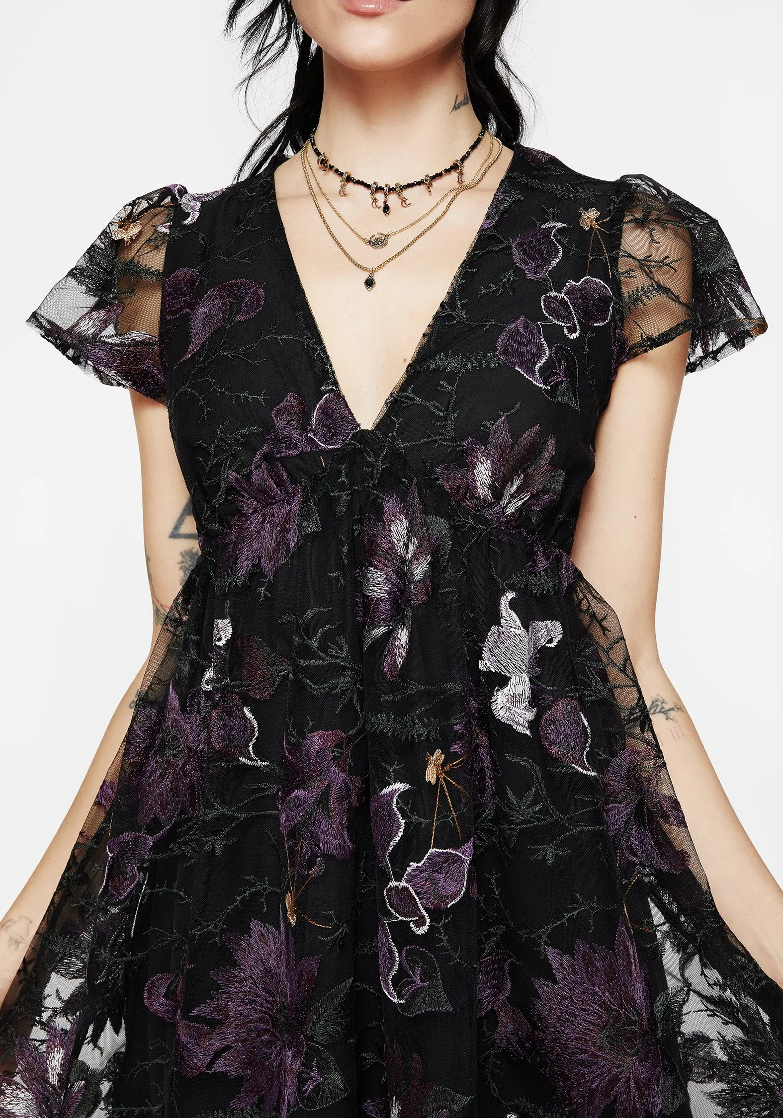 Estrid Embroidered Mesh Flute Sleeve Mini Dress Pose Glow Square Neck