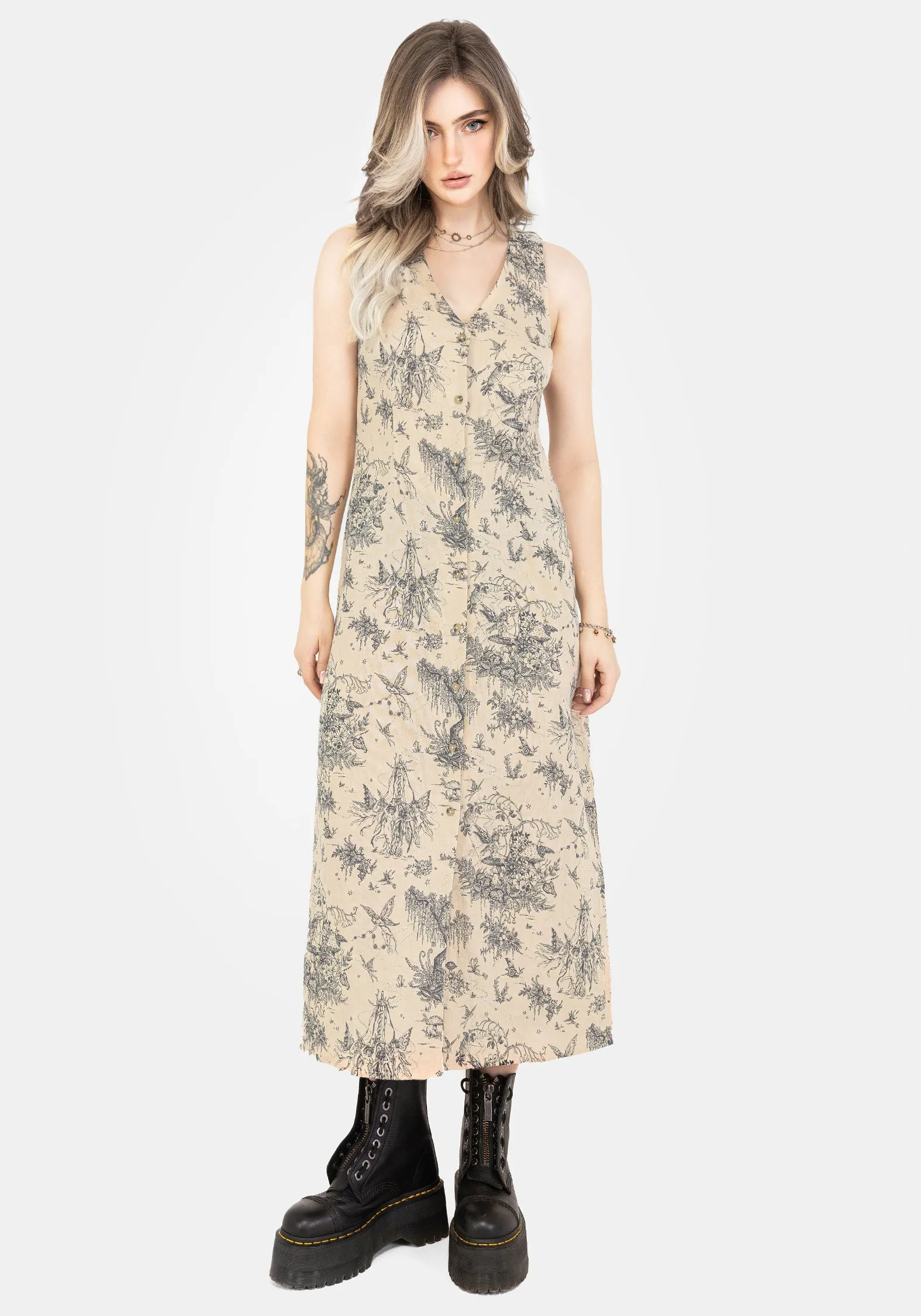 Bishop-Sleeve Maypole Cotton Print Button Up Midaxi Dress
