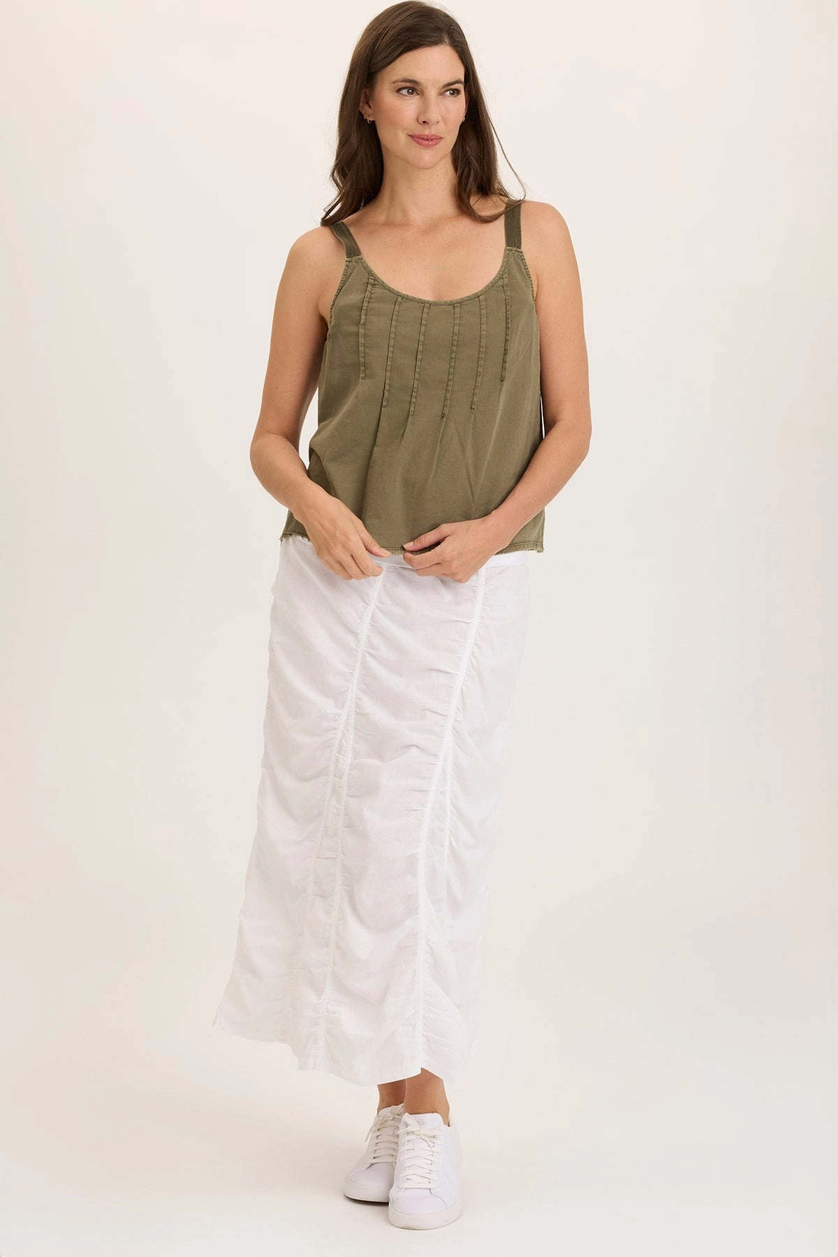 Neutral Tone Classic Design Linen Shirred Asymmetric Midi Skirt