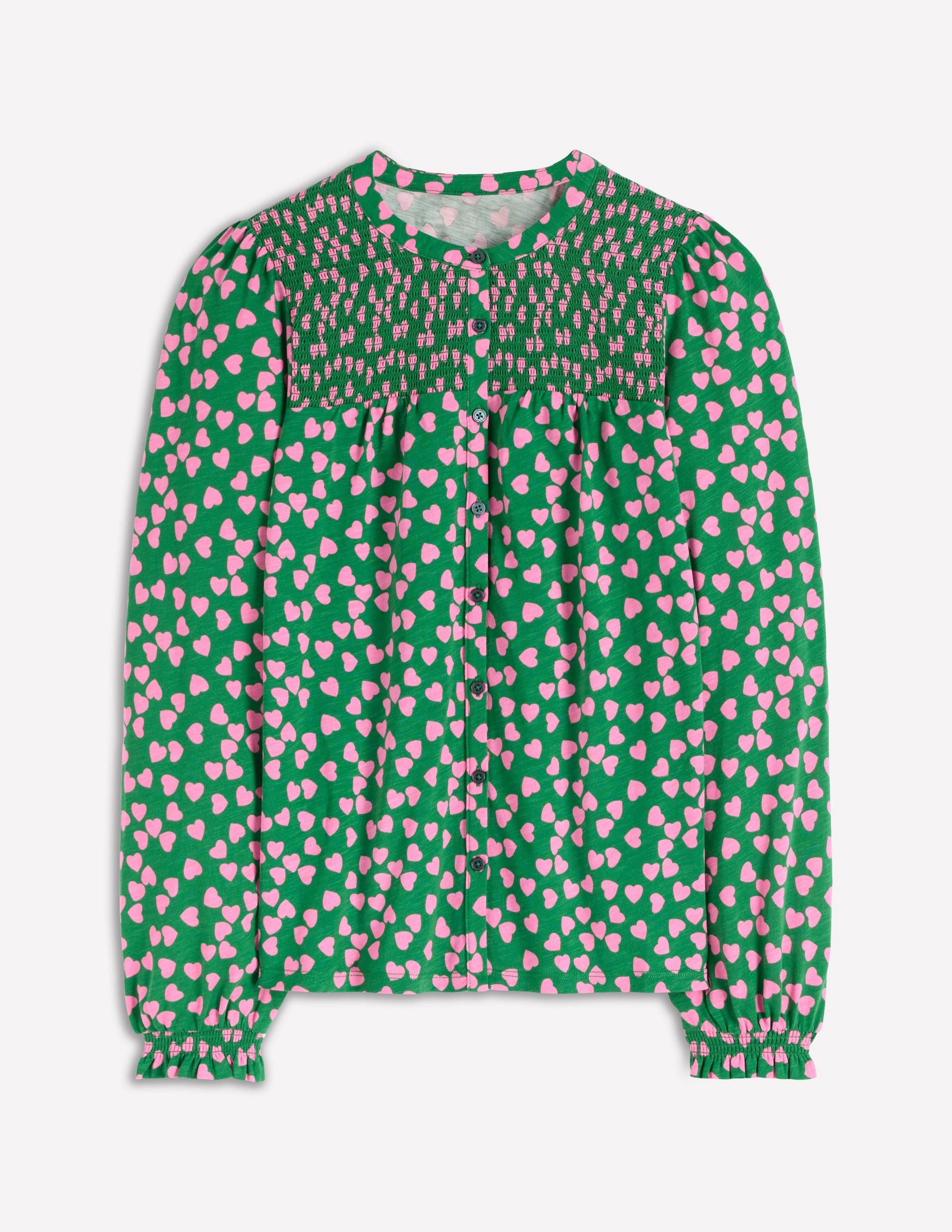 Reinforced Seam Technique EthicallySourcedMaterial BondedSeamTechnology Elsa Smocked Yoke Jersey Shirt-Highland Green, Heart Cascade