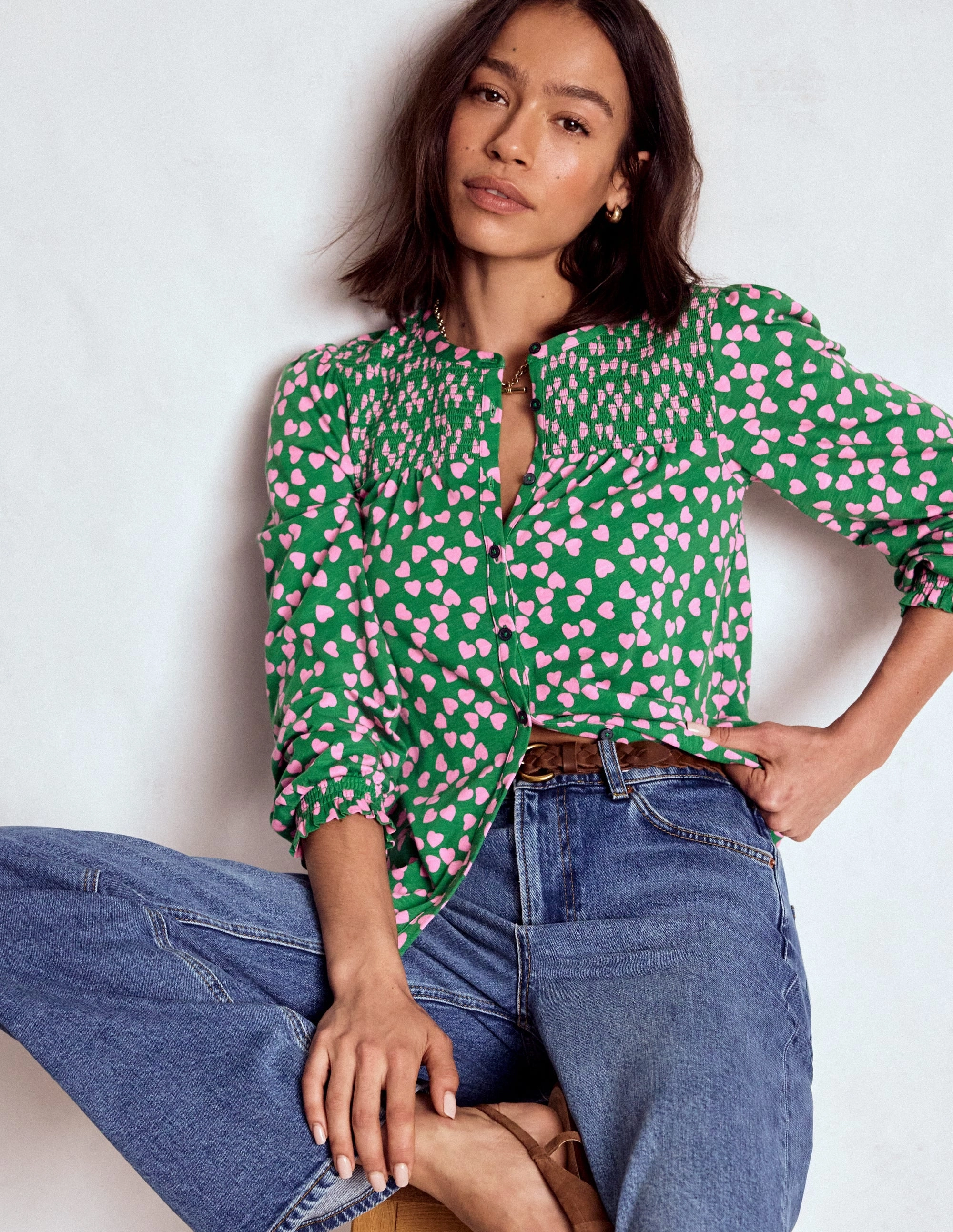 RibbedNeckline HeatSealed Seams BondedSeamTechnology Elsa Smocked Yoke Jersey Shirt-Highland Green, Heart Cascade