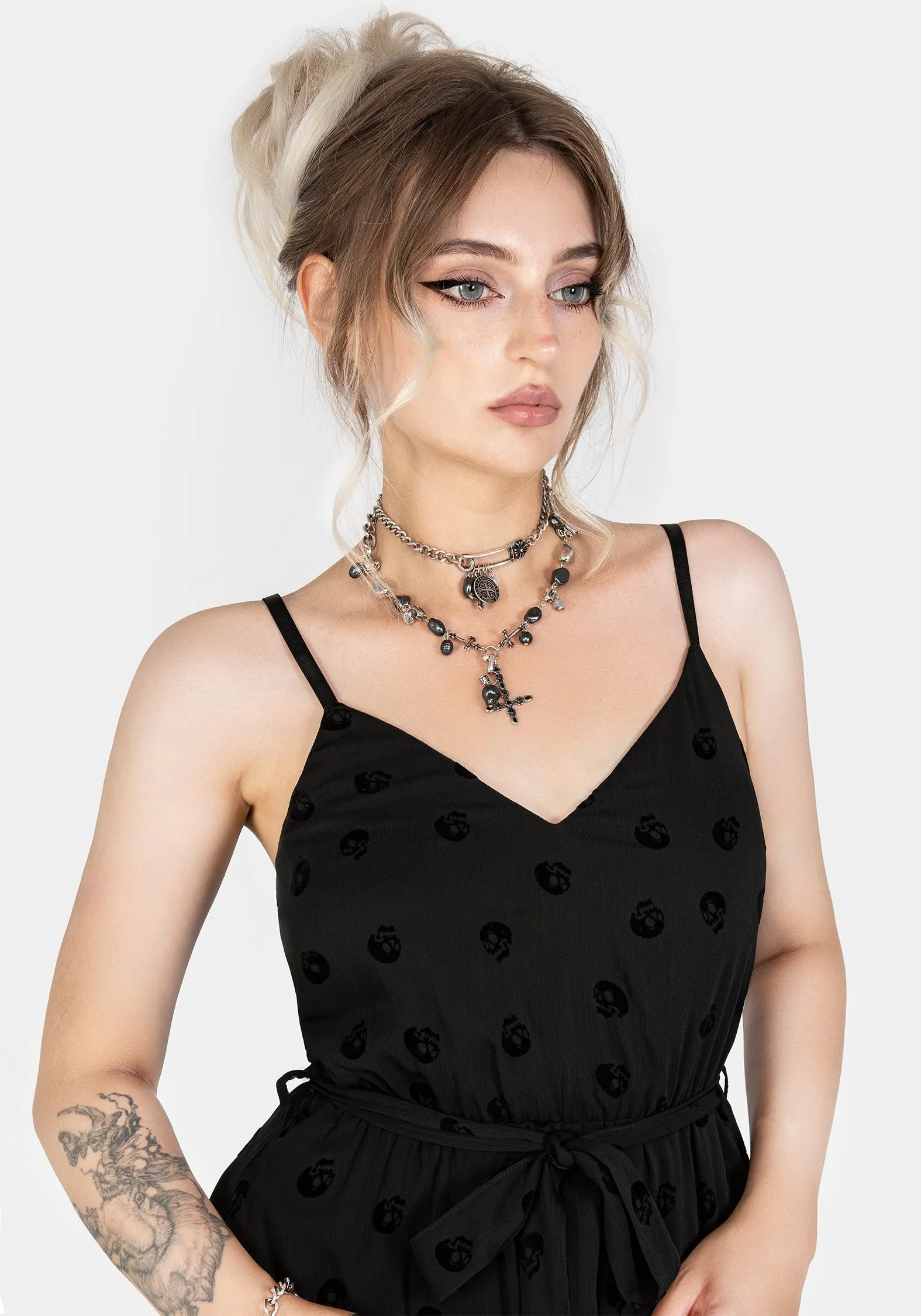 Minimal Comfort Pocket-Detail Bones Flocked Chiffon Maxi Cami Dress
