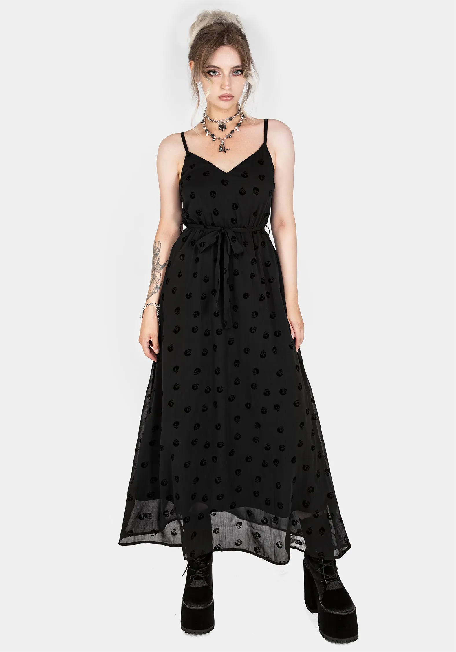Chill Fashion Sunset Scene Bones Flocked Chiffon Maxi Cami Dress