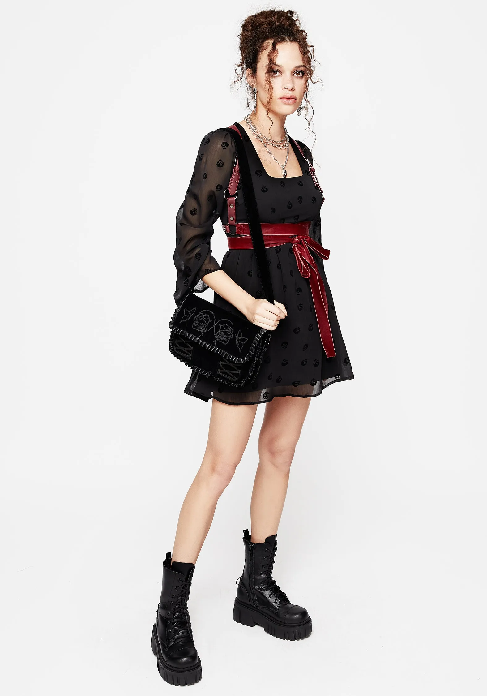Elegant Fit Sage Detail Bones Flocked Chiffon Mini Dress