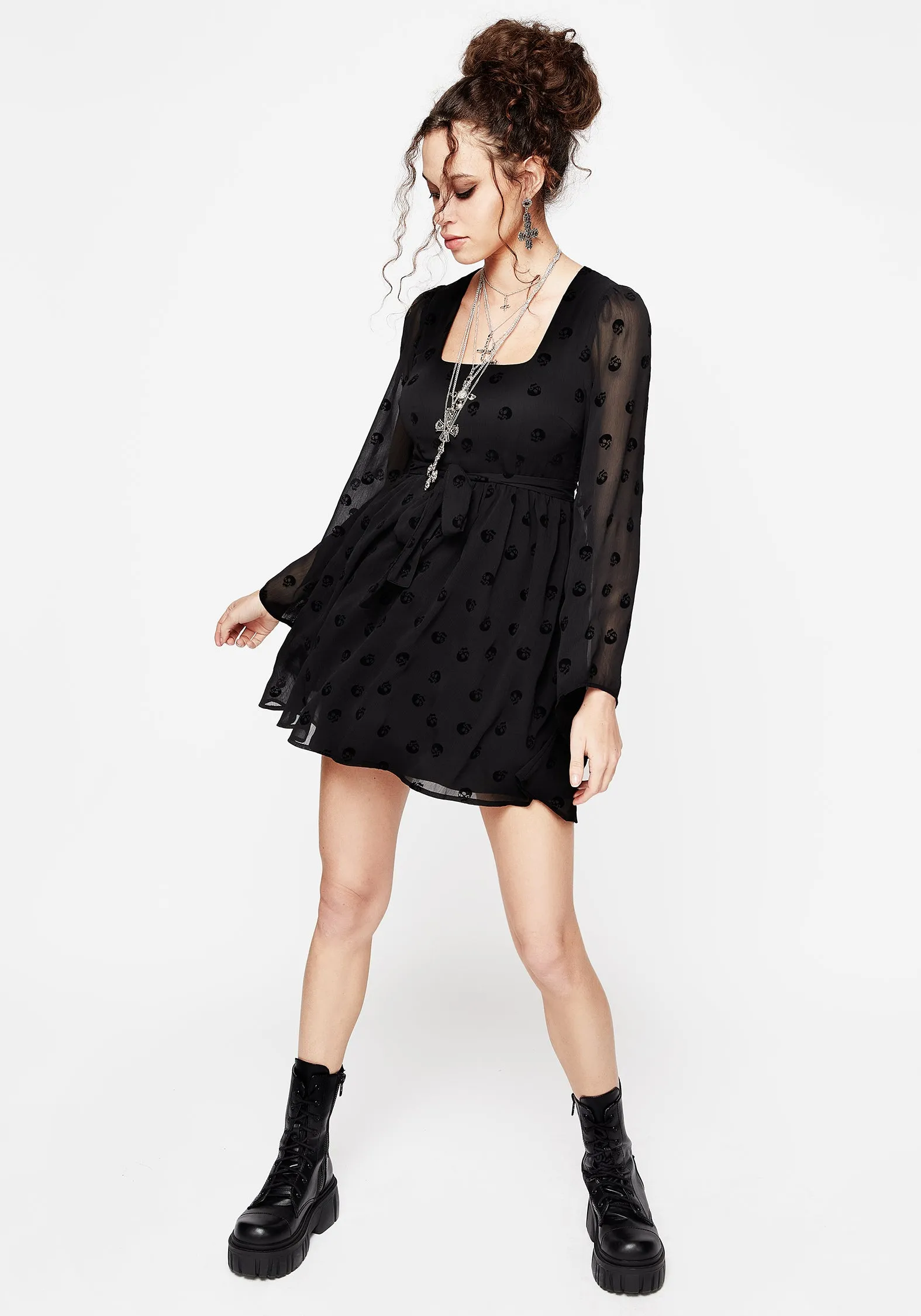 Calm Silhouette Bones Flocked Chiffon Mini Dress