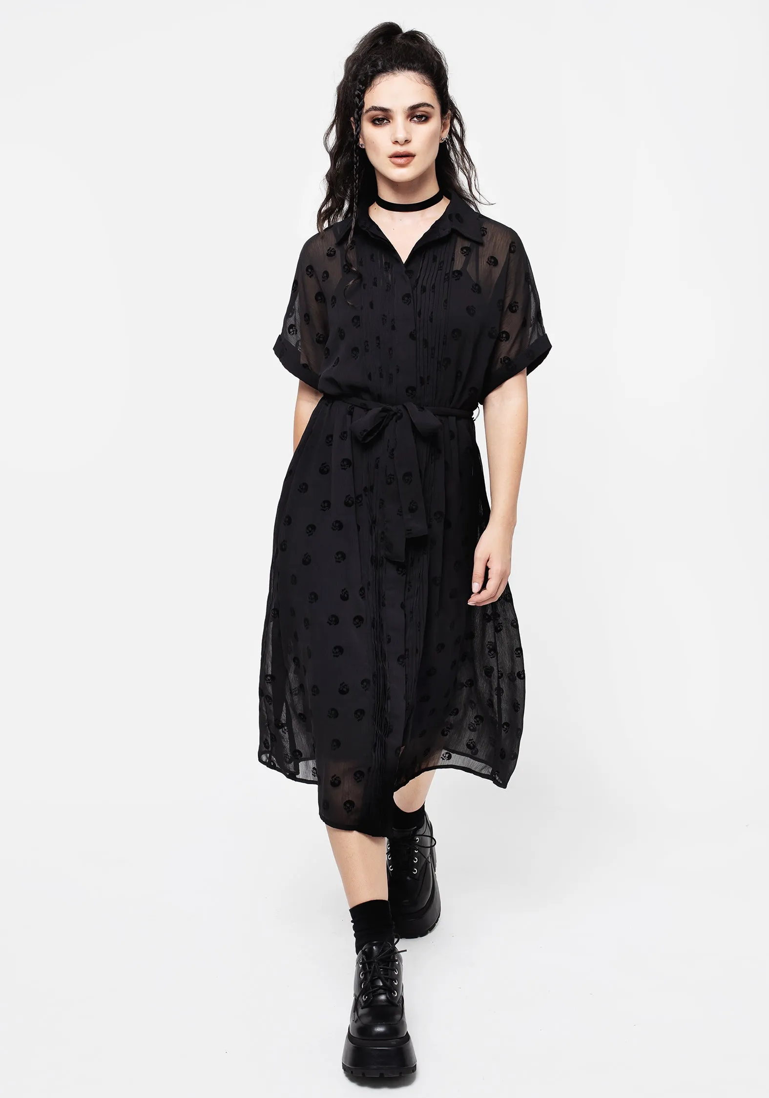 Bones Flocked Pintuck Chiffon Midi Shirt Dress Thermal-Lined