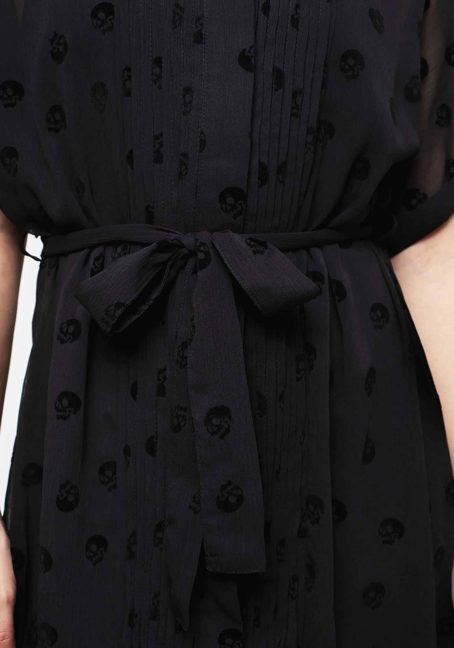 Urban Spirit Summer Outfit Bones Flocked Pintuck Chiffon Midi Shirt Dress