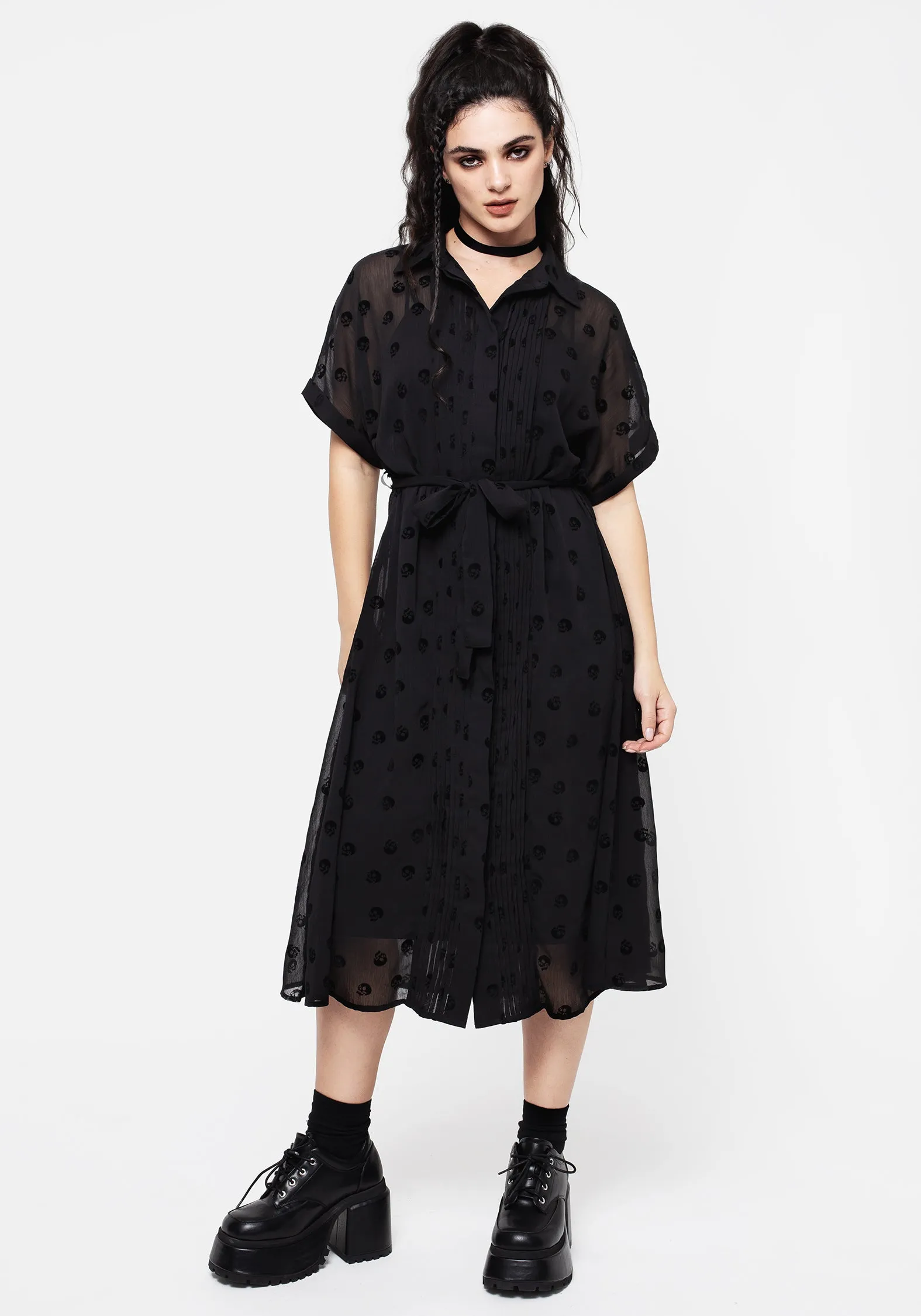 Bones Flocked Pintuck Chiffon Midi Shirt Dress Balanced Tones Vibe Style