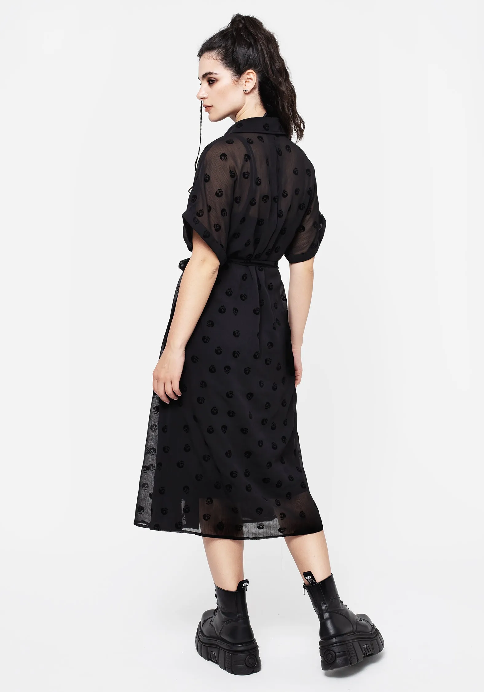 Fresh Form Bones Flocked Pintuck Chiffon Midi Shirt Dress
