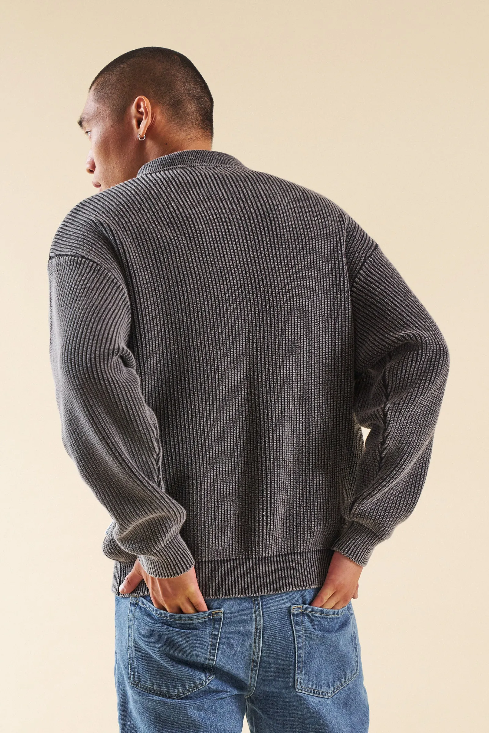 Cold Weather Outfit Ultimate Comfort bound Acid Wash Half Zip Knit Pullover - Charcoal