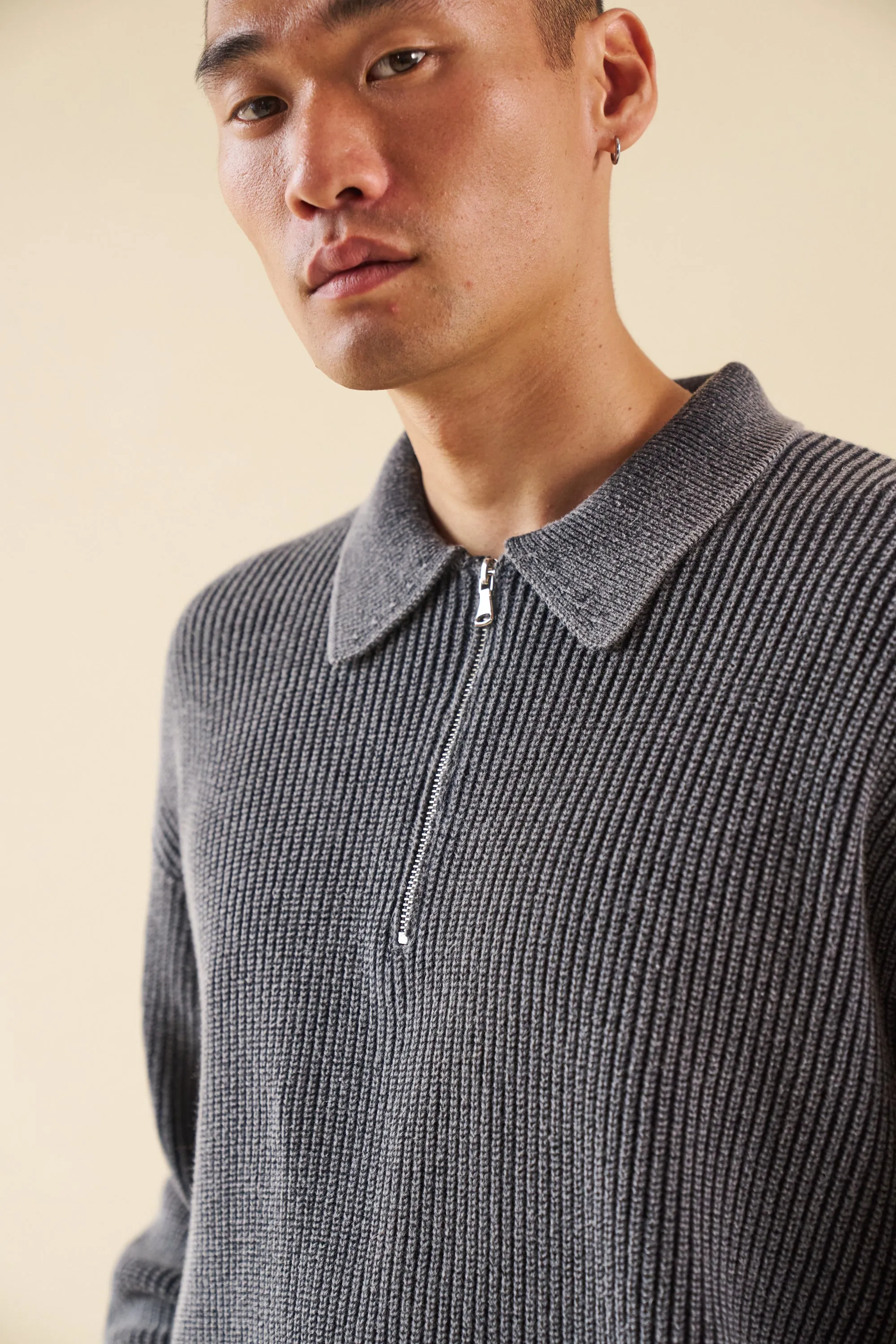 bound Acid Wash Half Zip Knit Pullover - Charcoal Breathable Mesh Panels Flexible Collar Opening