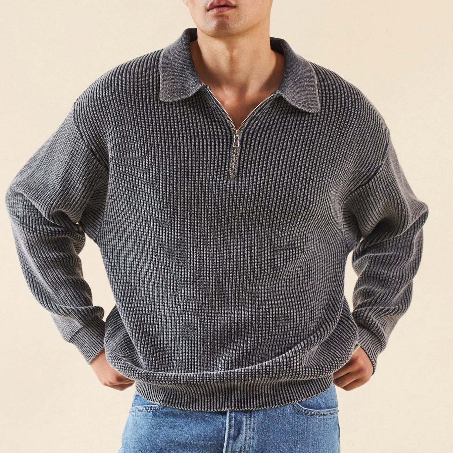 All Day Comfort Fit bound Acid Wash Half Zip Knit Pullover - Charcoal