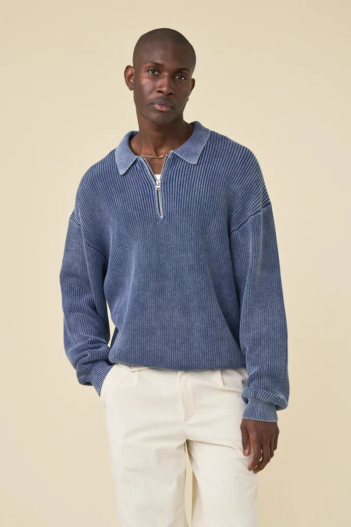 bound Acid Wash Half Zip Knit Pullover - Navy Odor Resistant Finish