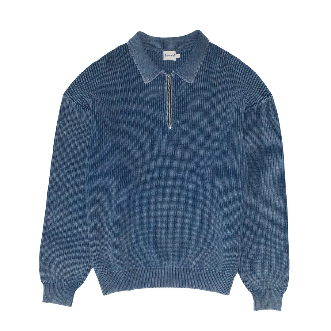 bound Acid Wash Half Zip Knit Pullover - Navy Casual Fit Knitwear Design