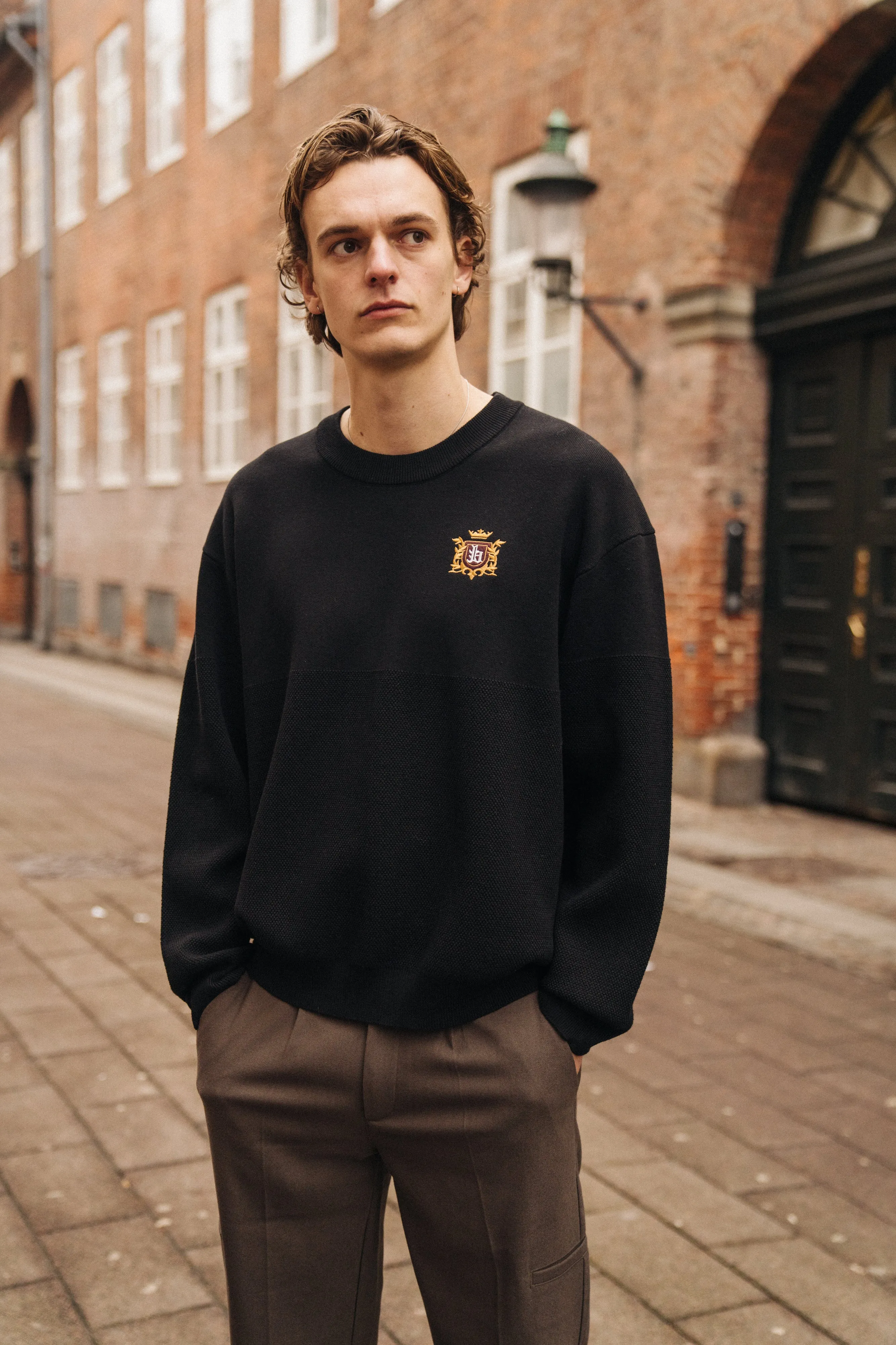 bound Crest Panel Knit Sweater - Black Relaxed Knitwear