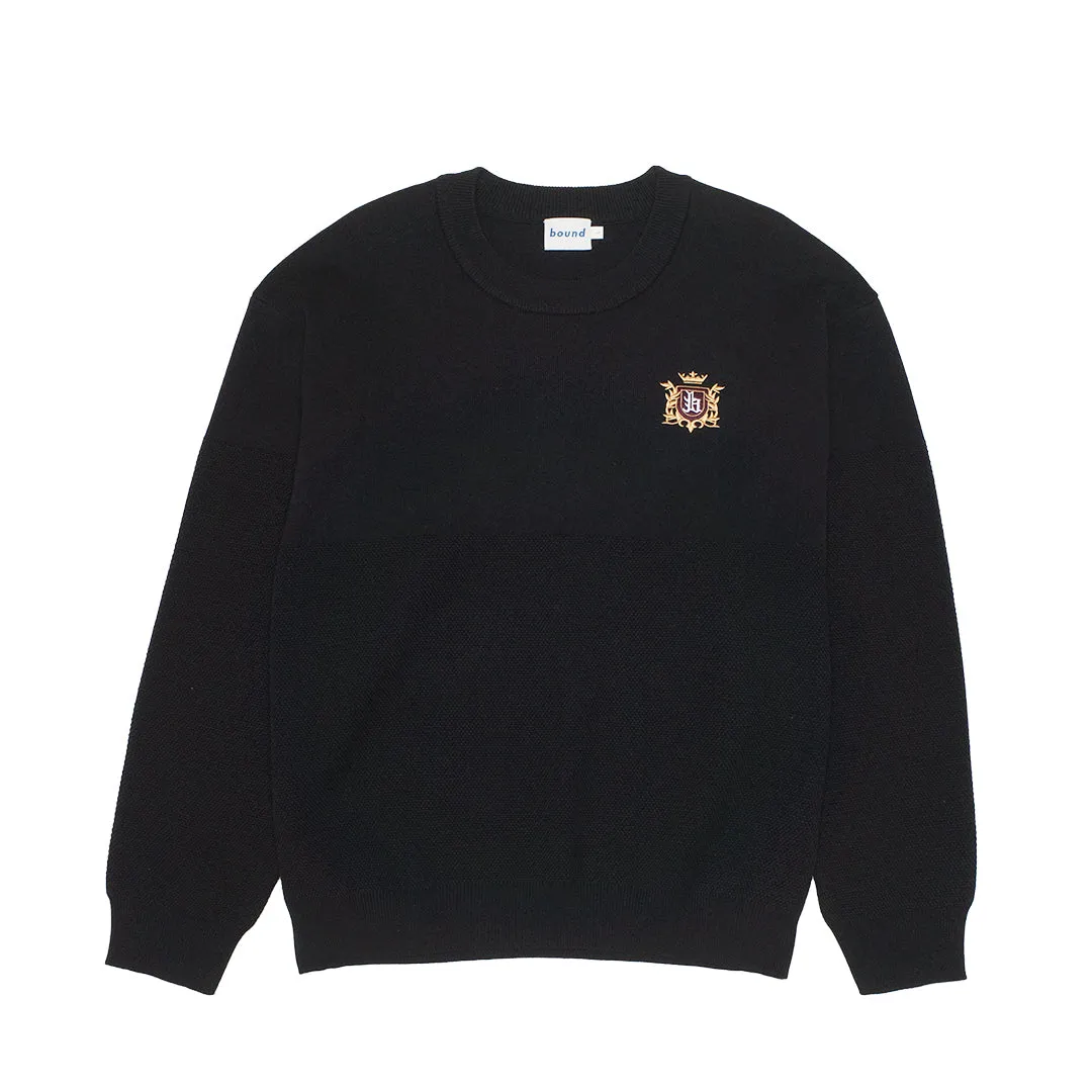 bound Crest Panel Knit Sweater - Black Elastic hem crew neck