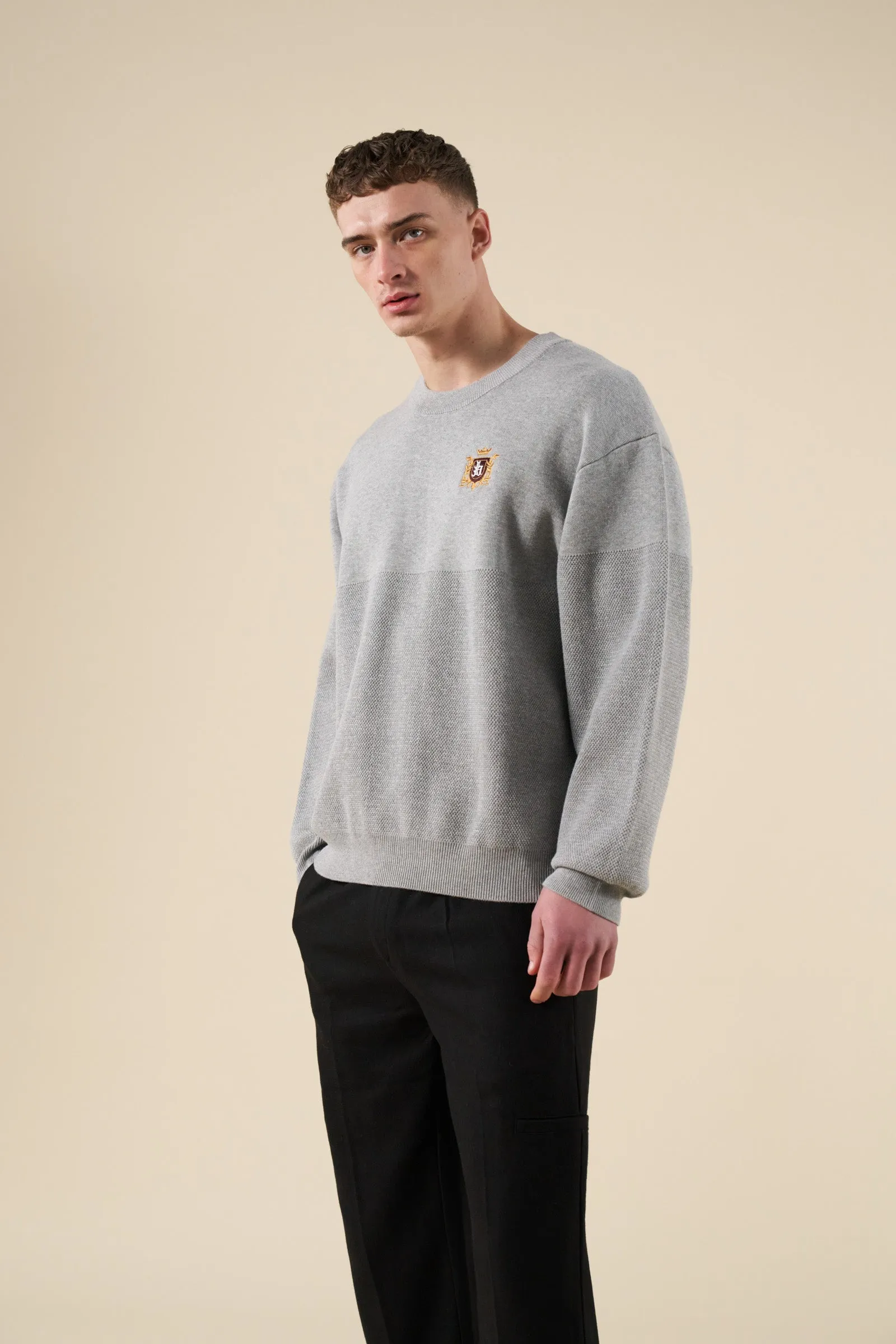 bound Crest Panel Knit Sweater - Heather Grey Chic and Warm Soft and Stylish