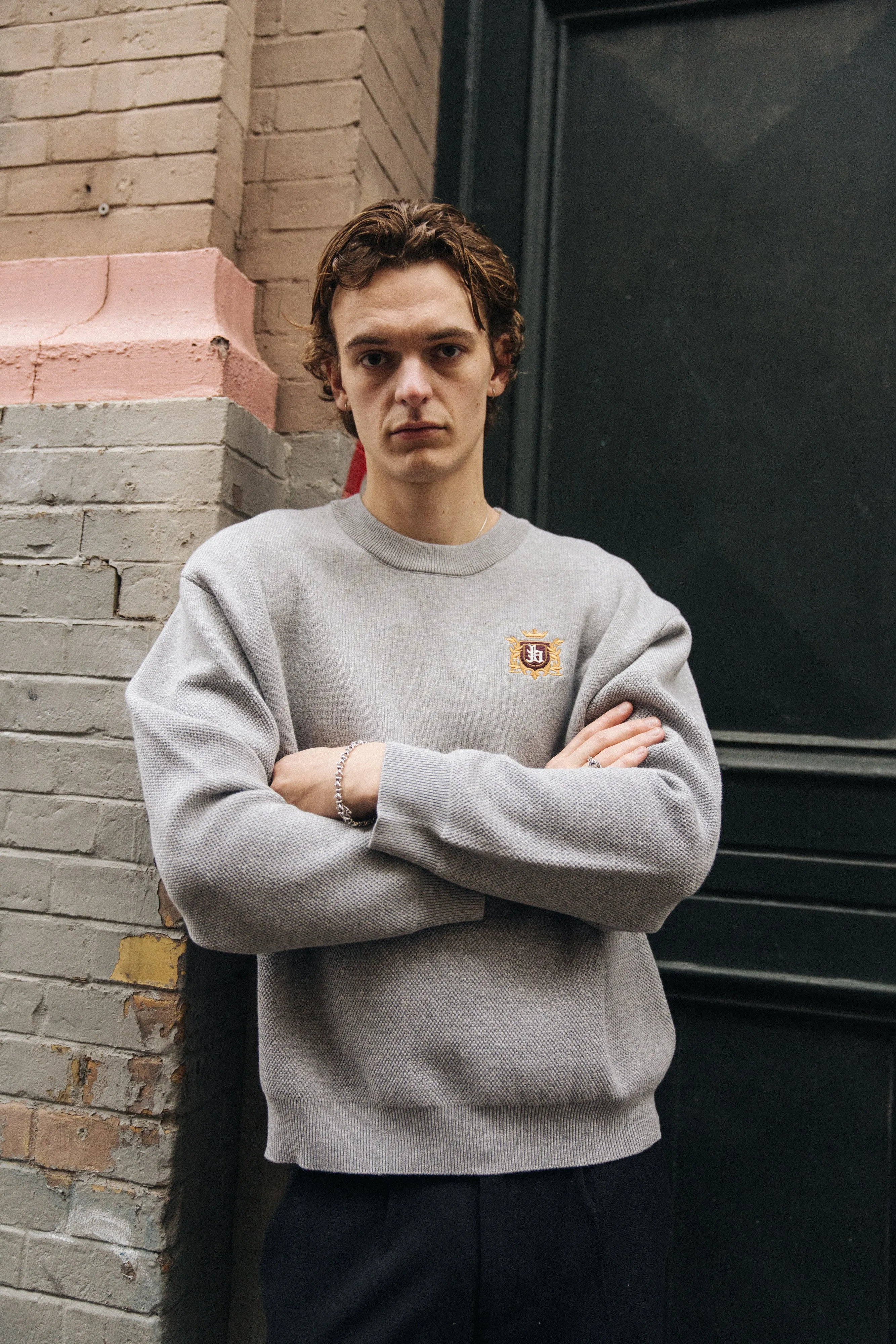 bound Crest Panel Knit Sweater - Heather Grey Knit Essentials