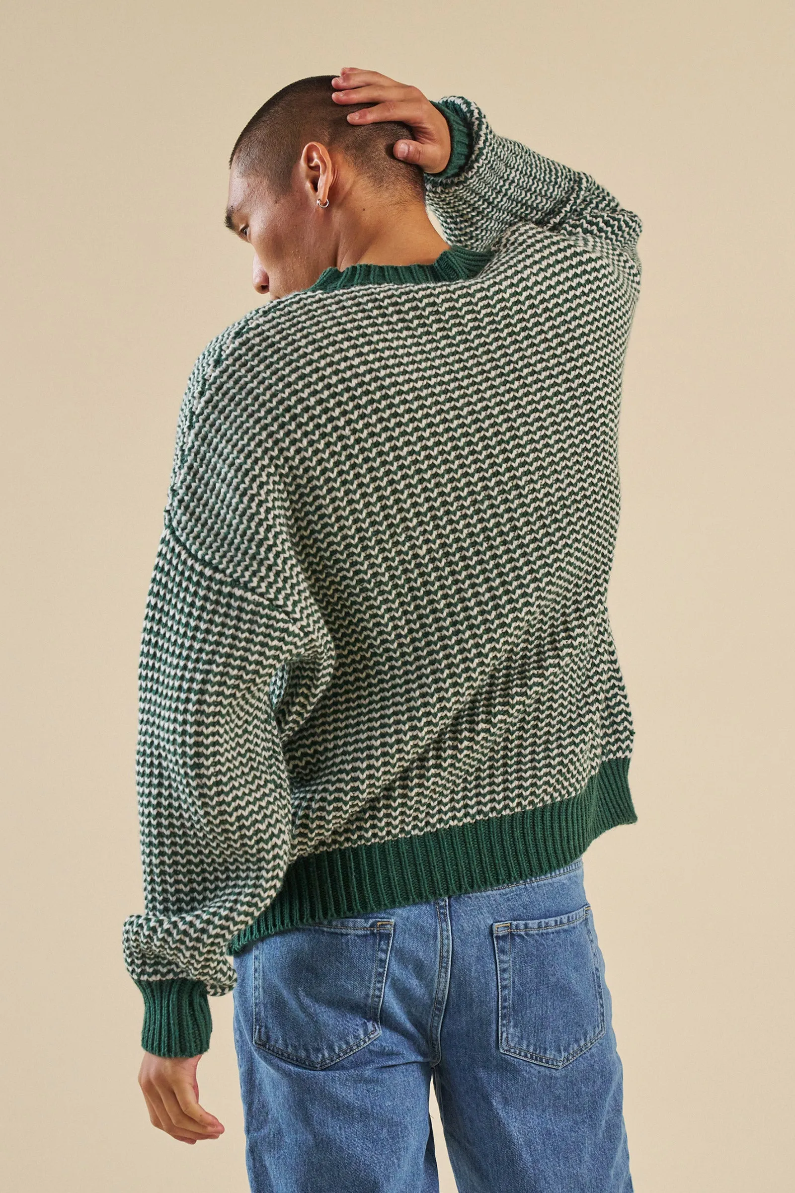 Eco Friendly Knitwear Cozy Everyday Wear bound Green Stripe Chunky Knit Rib Oversized Sweater