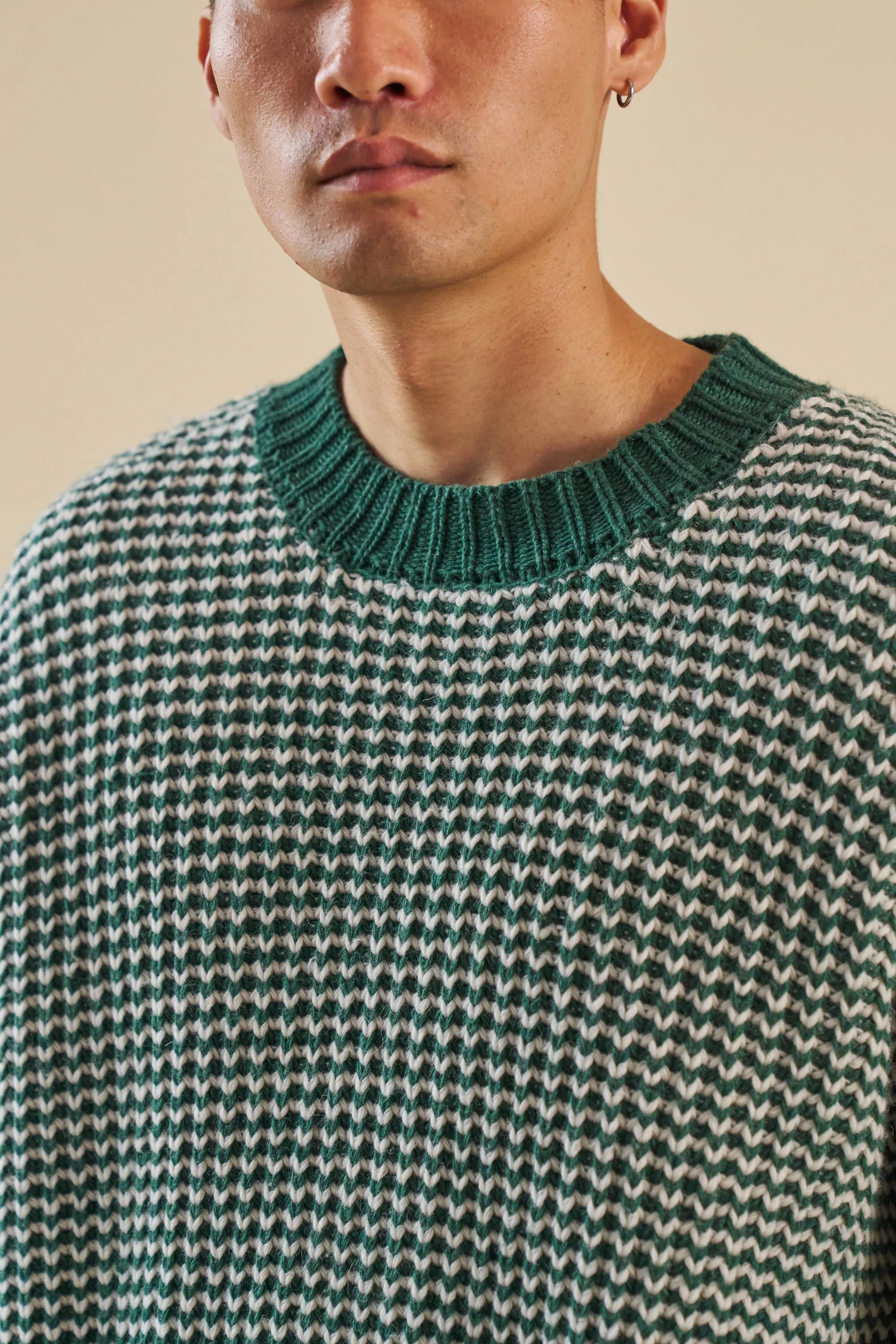 bound Green Stripe Chunky Knit Rib Oversized Sweater Soft Comfort
