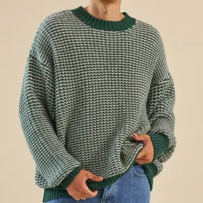 Soft touch layer Circular Knit Technology bound Green Stripe Chunky Knit Rib Oversized Sweater