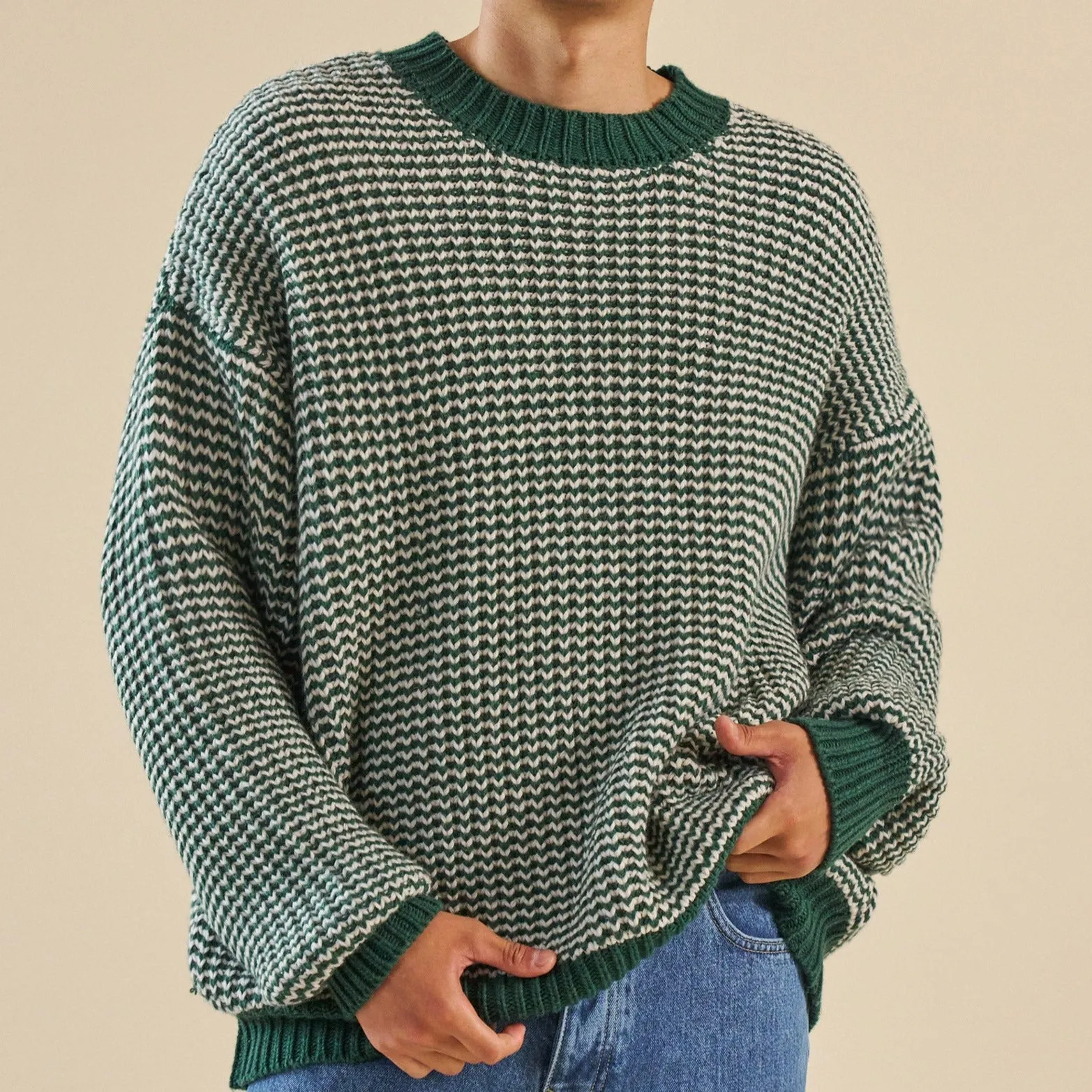 Soft touch layer Circular Knit Technology bound Green Stripe Chunky Knit Rib Oversized Sweater