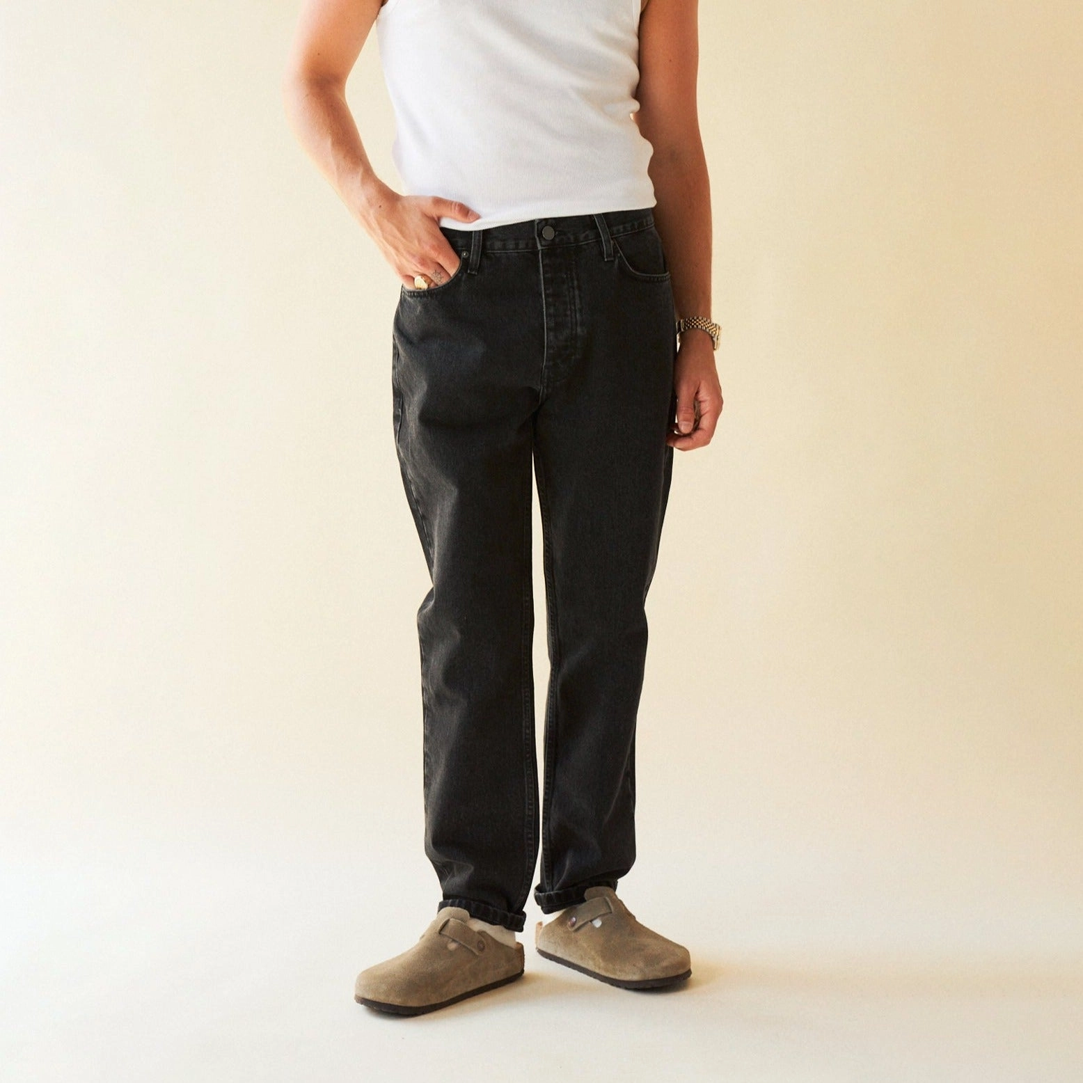 Soft Brush Lining bound 'Brooklyn' Tapered Denim Jean - Stone Washed Black