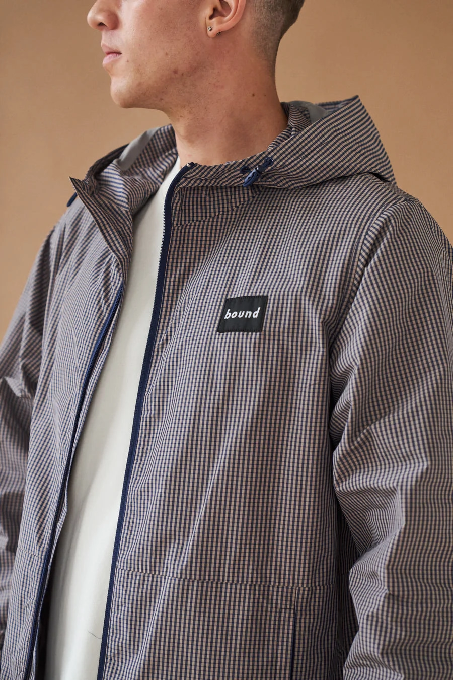 bound 'Digbeth' Check Wind Jacket - Beige & Blue Neutral Fit Design Heat Tech Fabric