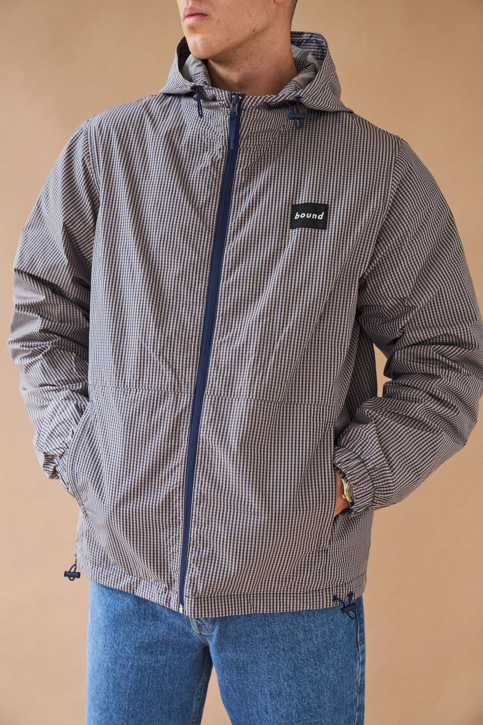 bound 'Digbeth' Check Wind Jacket - Beige & Blue Effortless Travel Wear