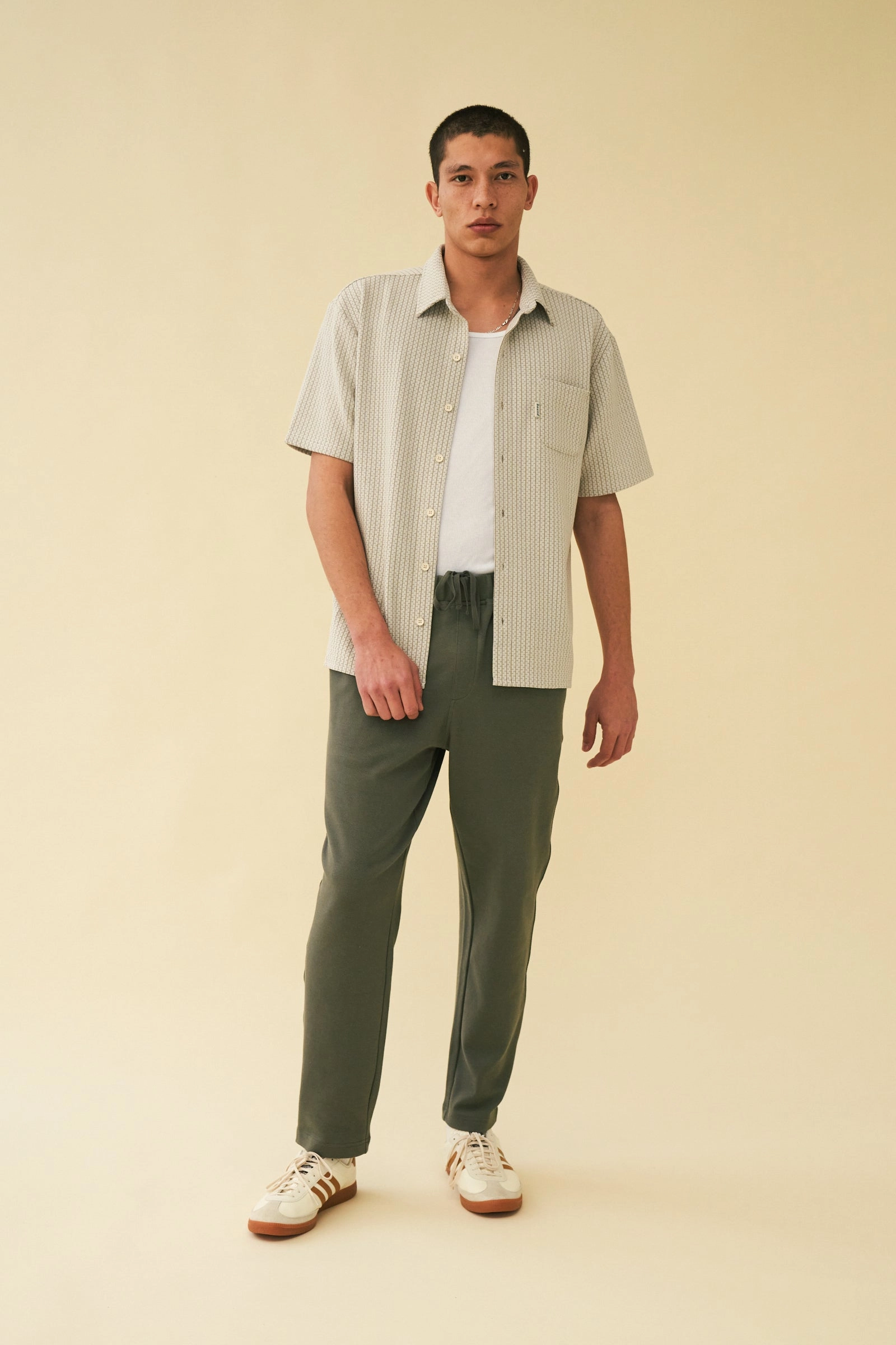 bound 'Olive' Textured Cotton Trousers Flexible Material Simple Style