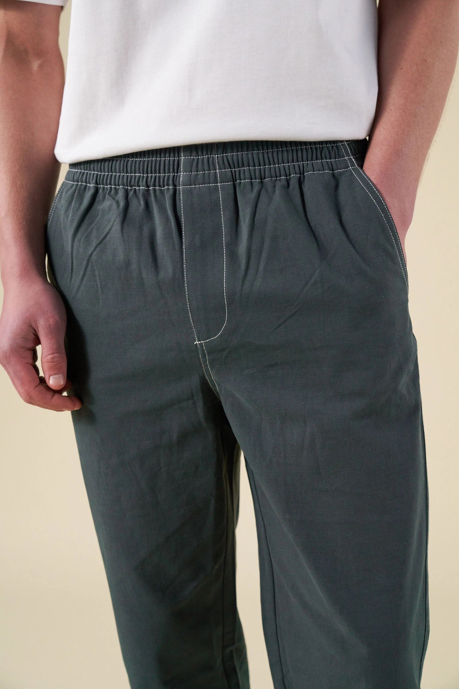 bound Contrast Ripstop Canvas Trouser - Mid Green Smooth Fit Lining