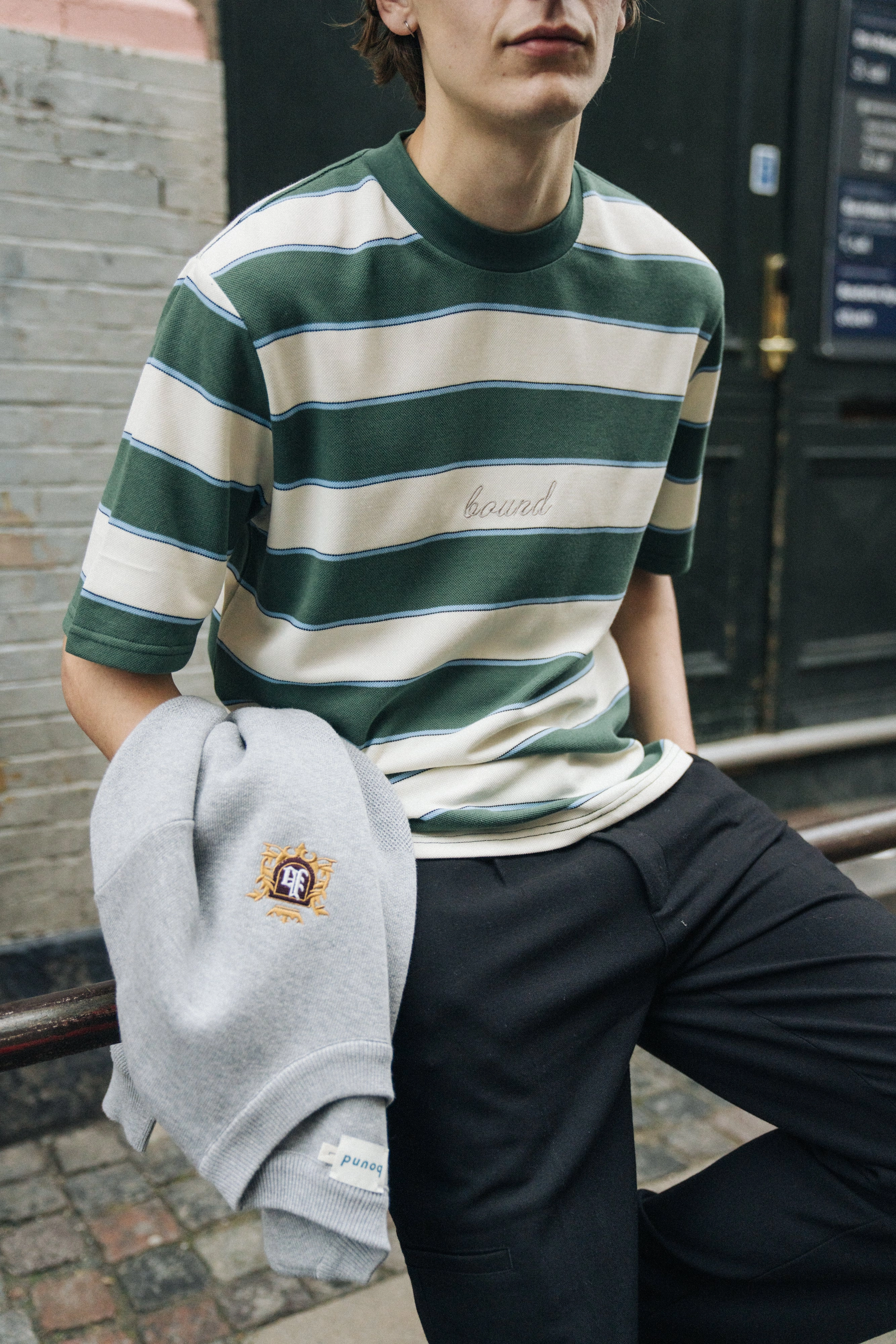 Round neck simplicity bound Pique Stripe Tee - Retro Green/Blue/White