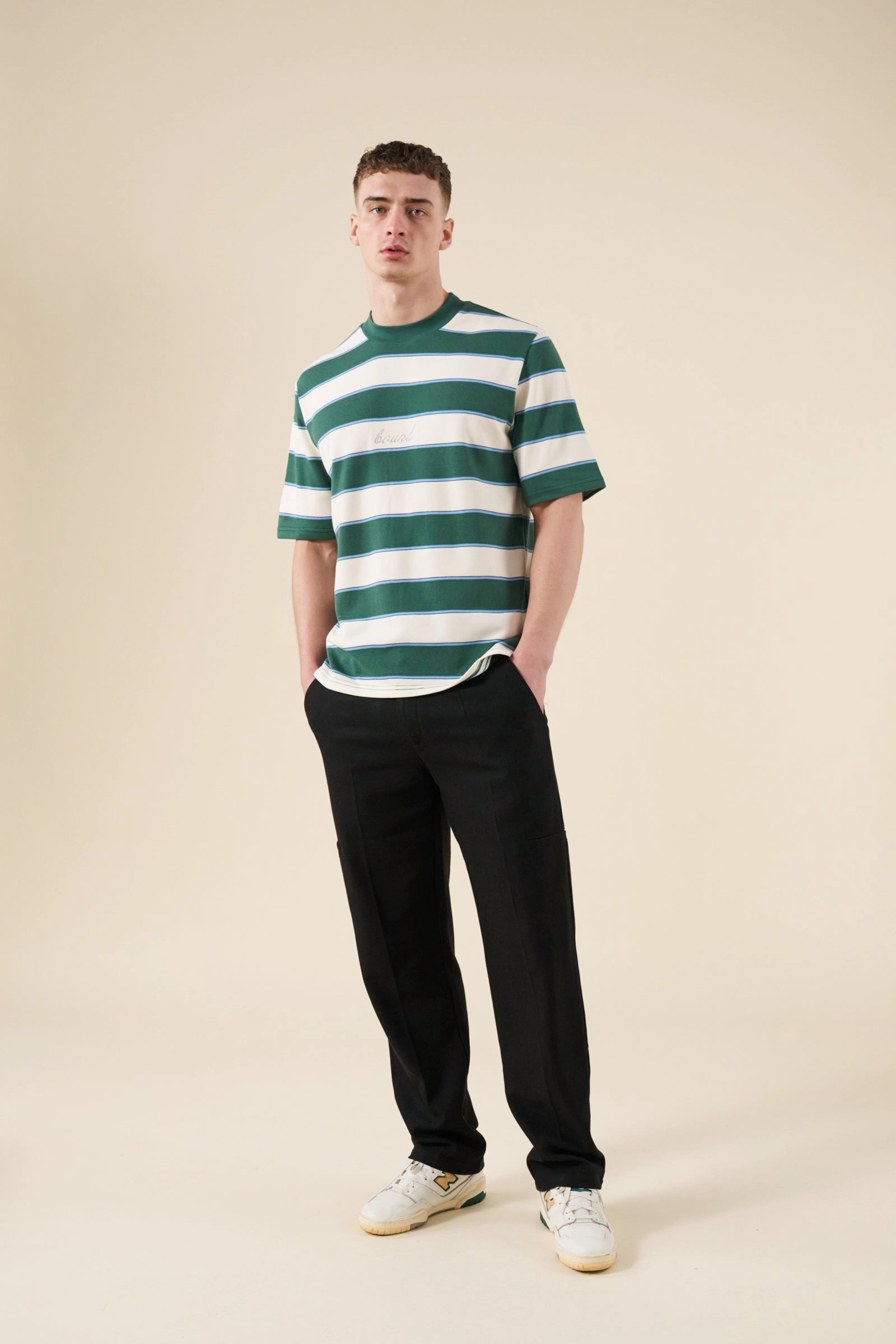 bound Pique Stripe Tee - Retro Green/Blue/White Versatile Apparel Ribbed Collar Trim