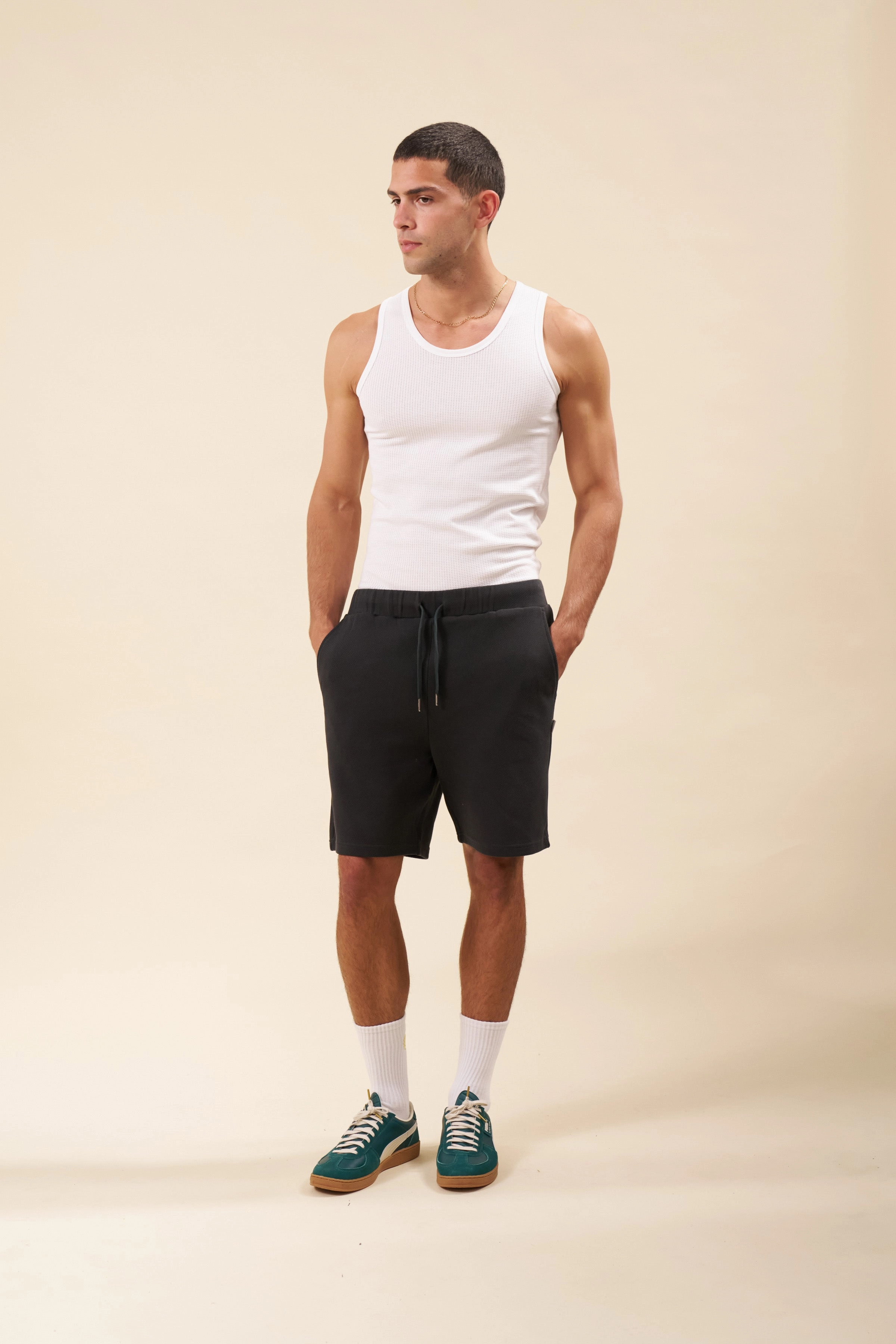 bound Pique Waffle Shorts - Black Breathable Lining garden party wear