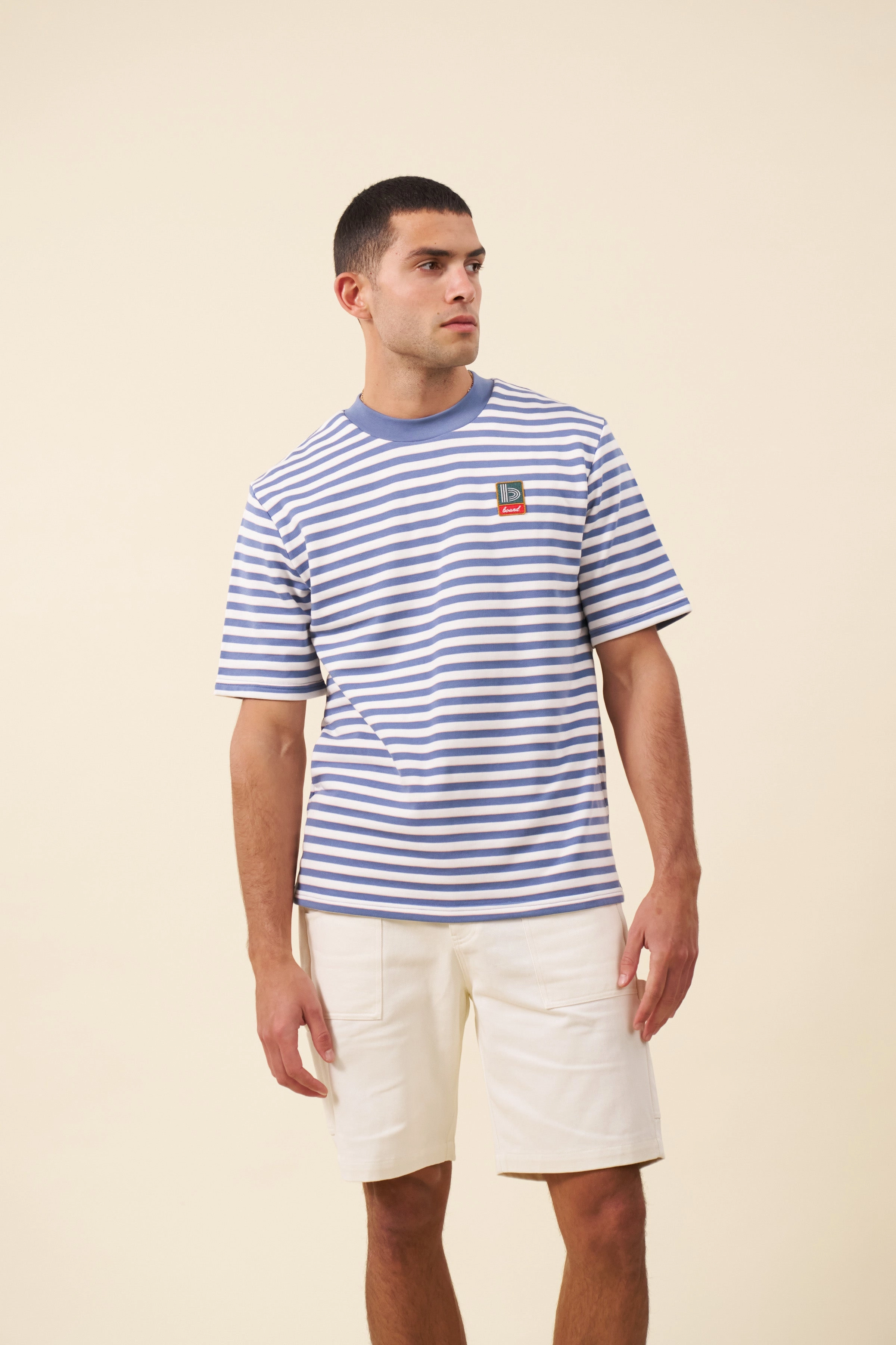 Breathable Yarn Composition bound Stripe Retro Patch Tee - Arctic
