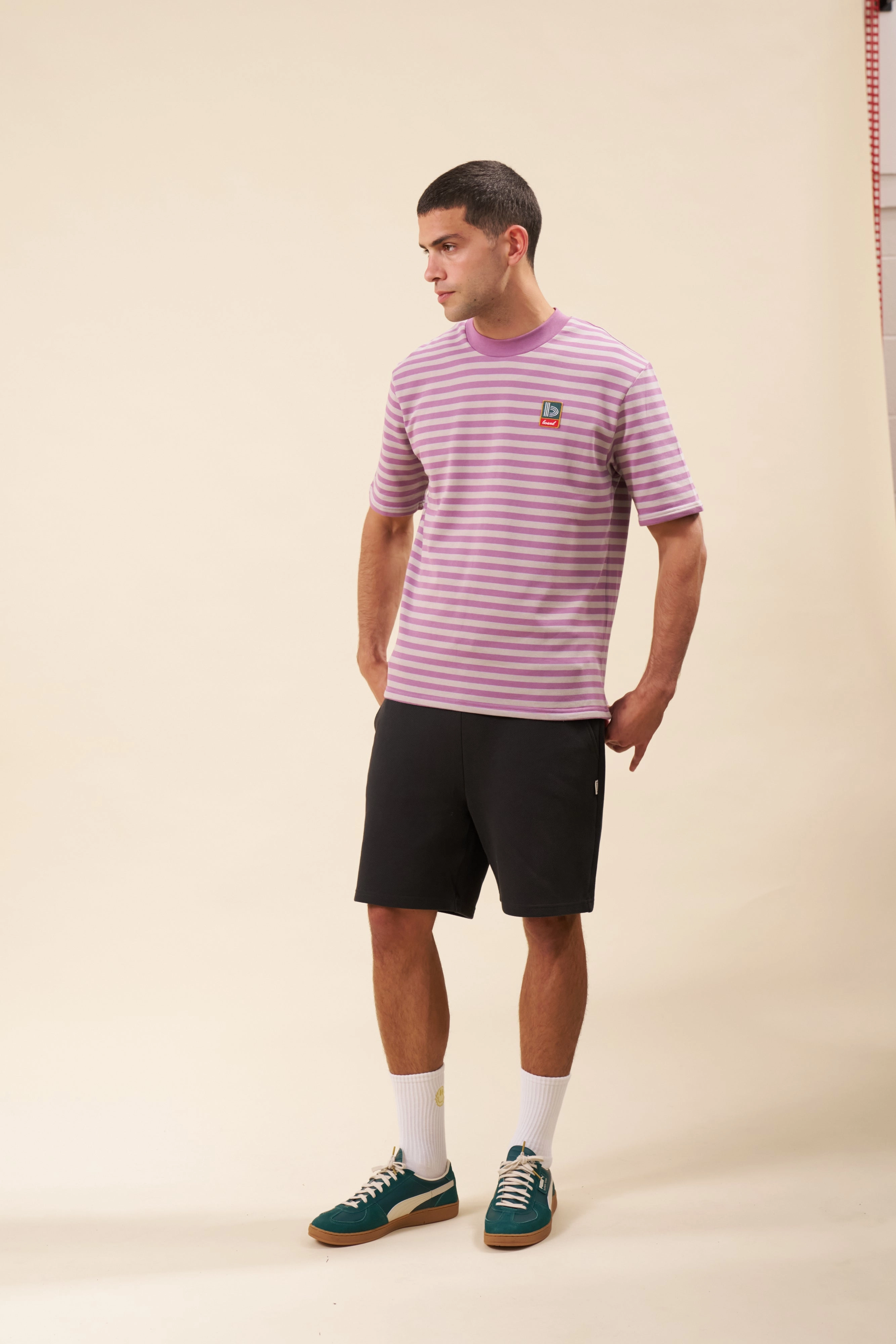bound Stripe Retro Patch Tee - Mauve Weekend Wear
