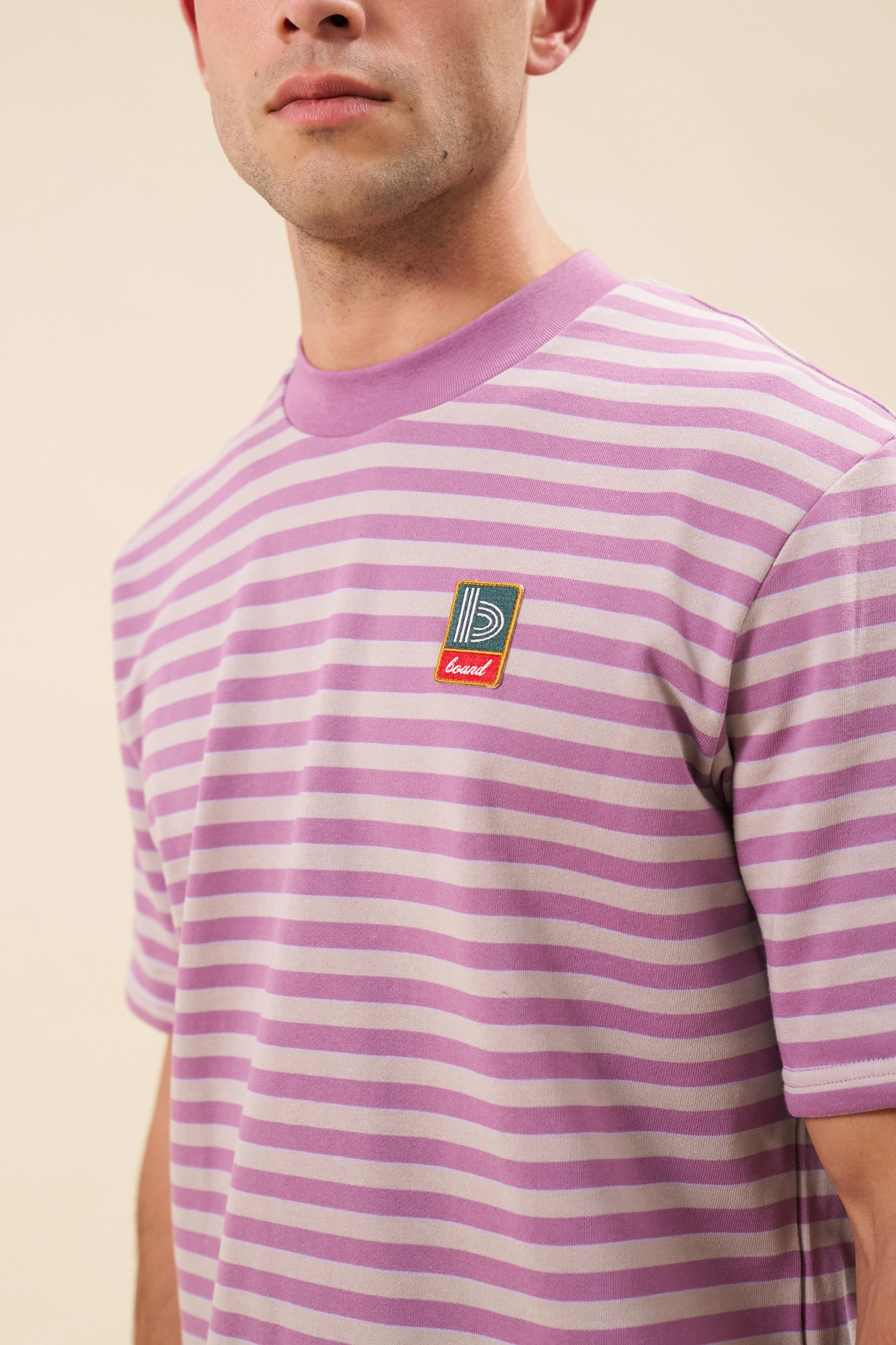 Easy-to-Style Top bound Stripe Retro Patch Tee - Mauve