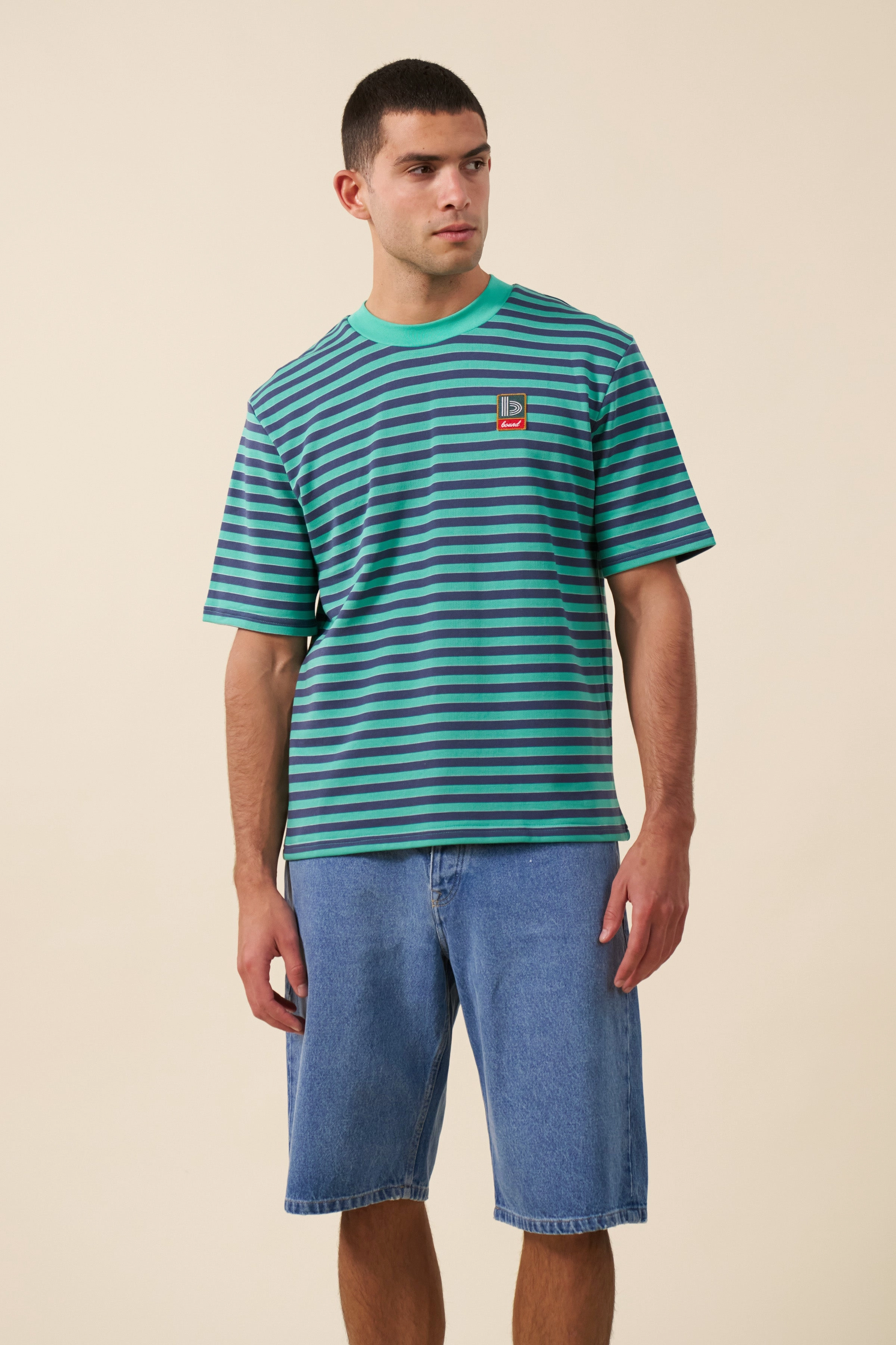 Chilly Weather Style bound Stripe Retro Patch Tee - Menthol