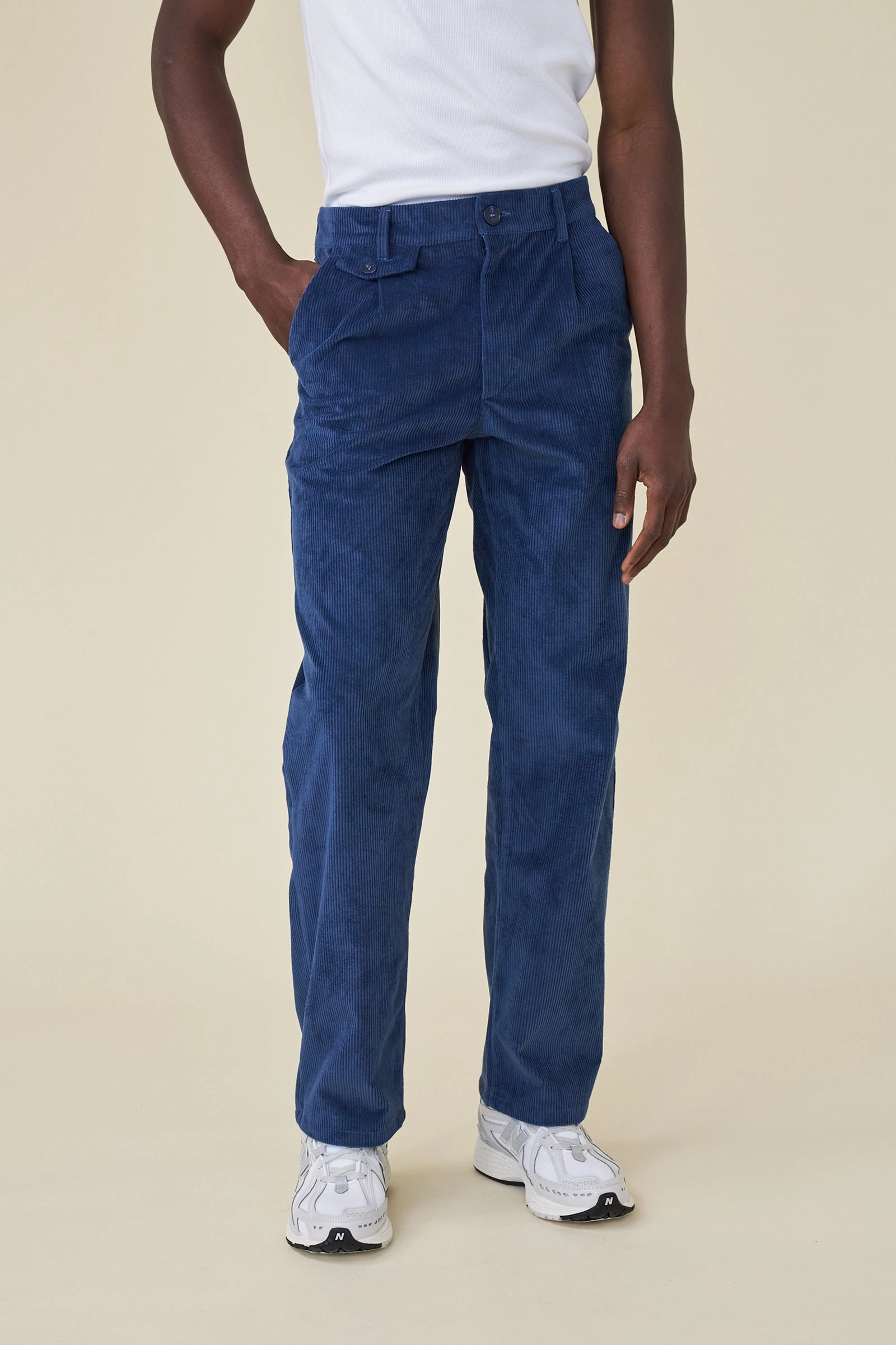 bound Wide Leg Corduroy Trousers - Dallas Blue Relax Fit