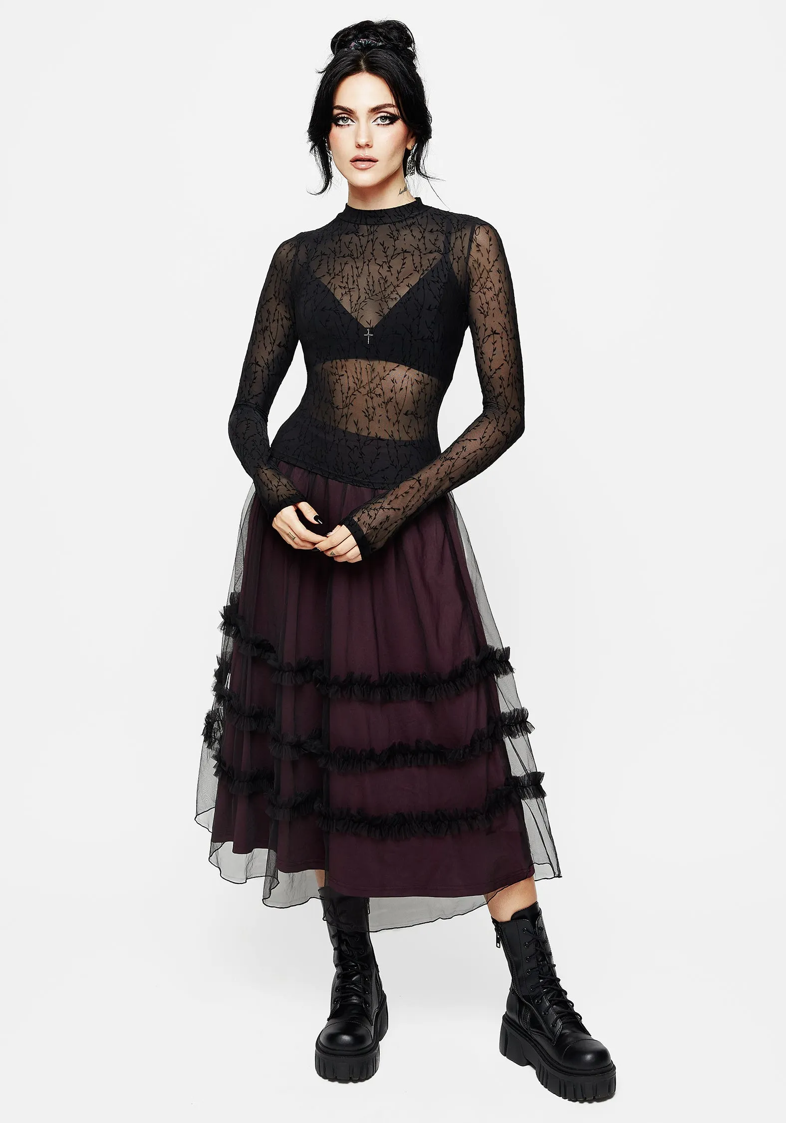 Celebration Bouquet Floral Flocked Velour Mesh Top