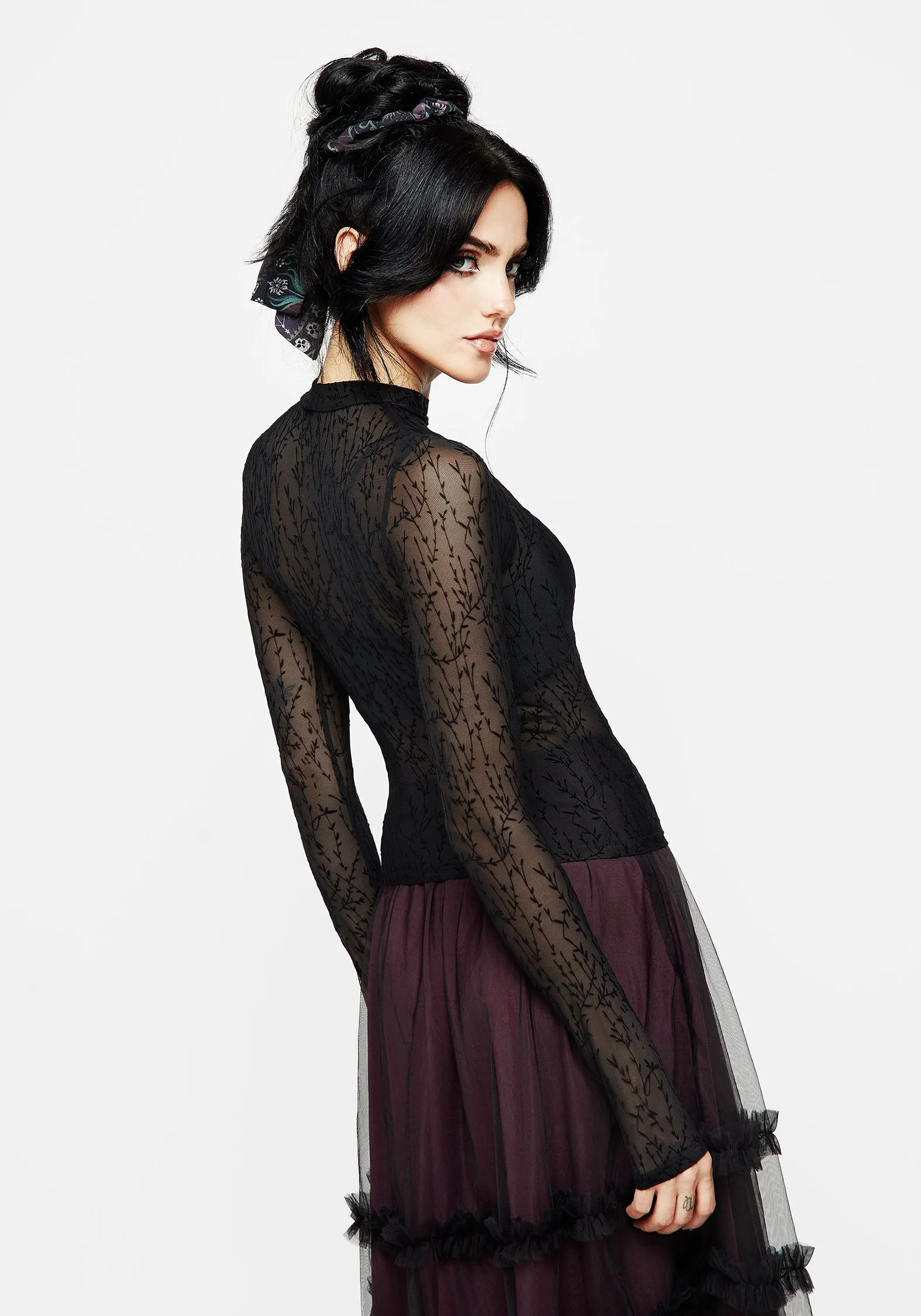 Vegan Bouquet Floral Flocked Velour Mesh Top