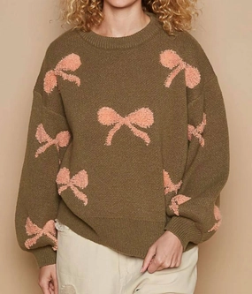 Soft Comfort Bow Knit Sweater In Olive