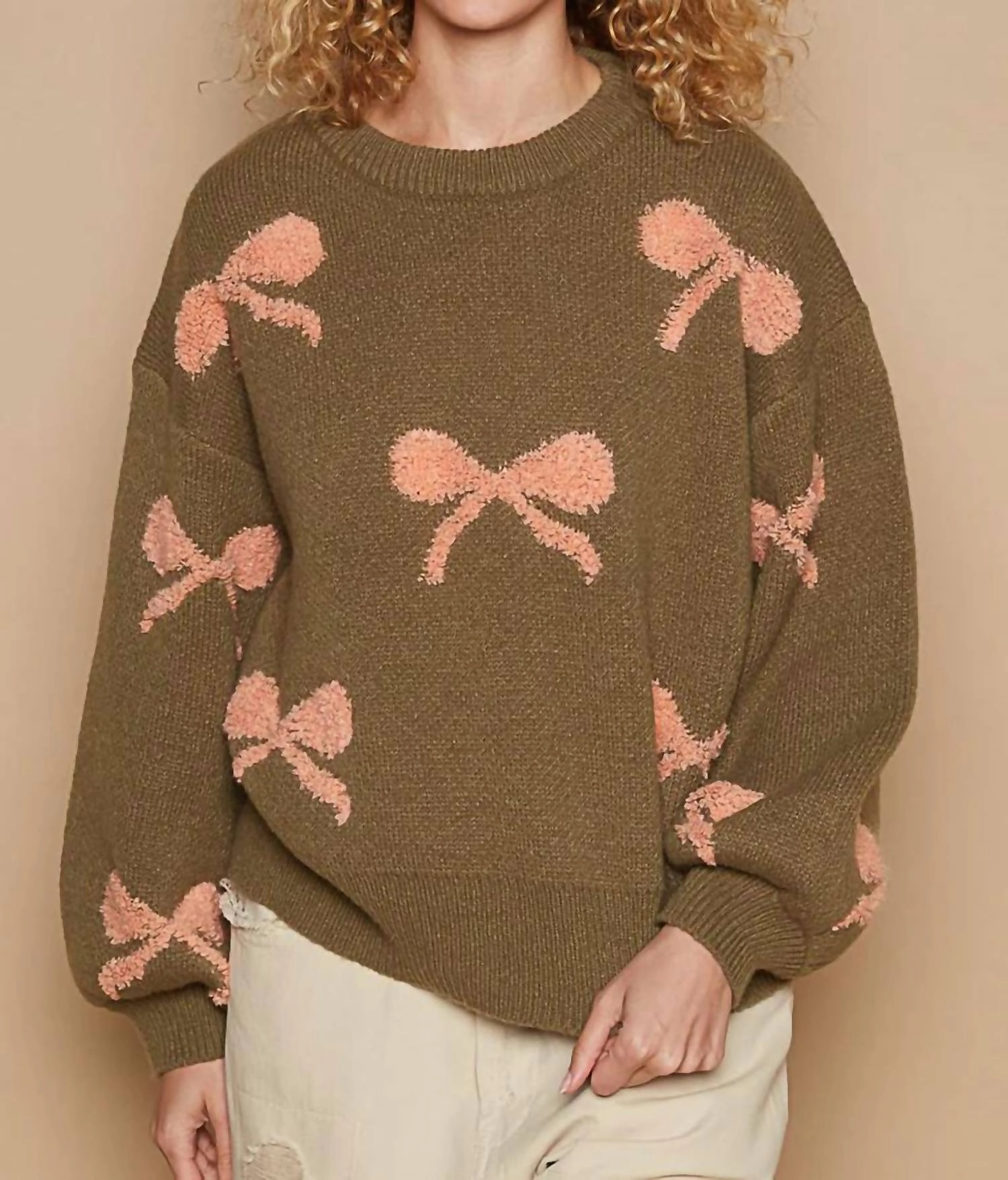 Soft Comfort Bow Knit Sweater In Olive