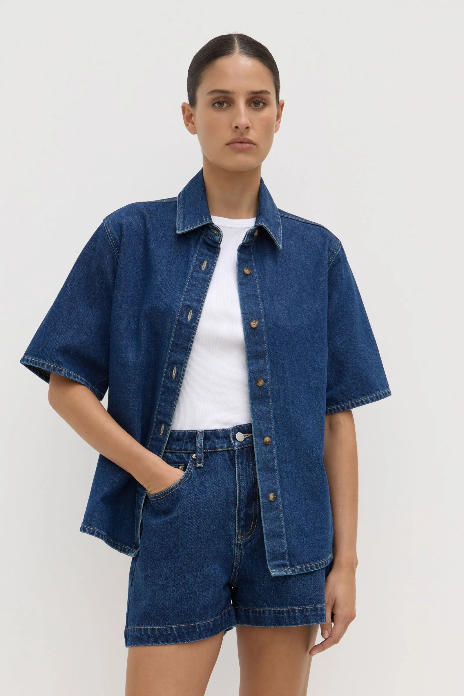 Boxy Denim Short Sleeve Shirt Festive Look