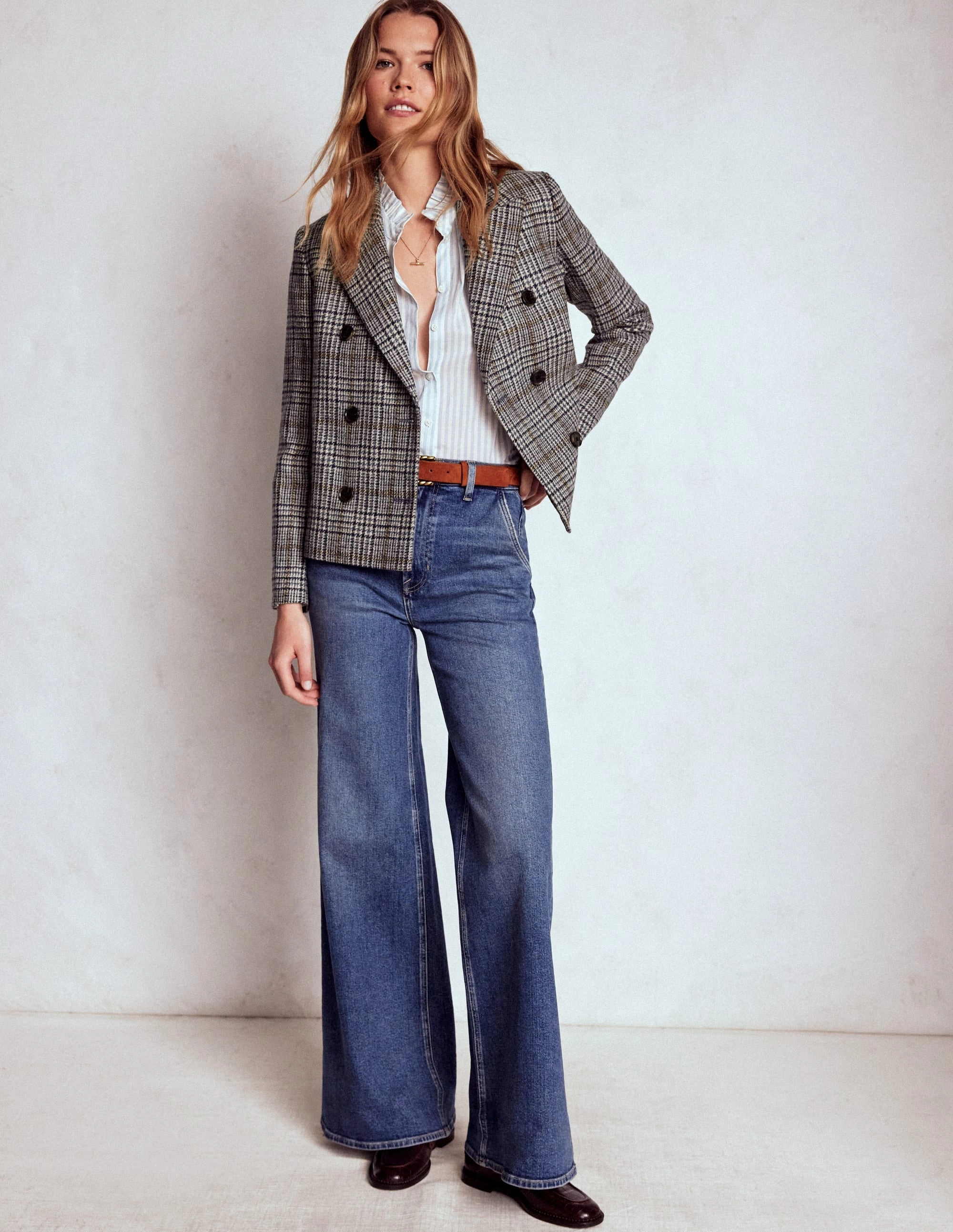 Thermal Regulation System Boxy Double Breasted Blazer-Blue, Grey Check