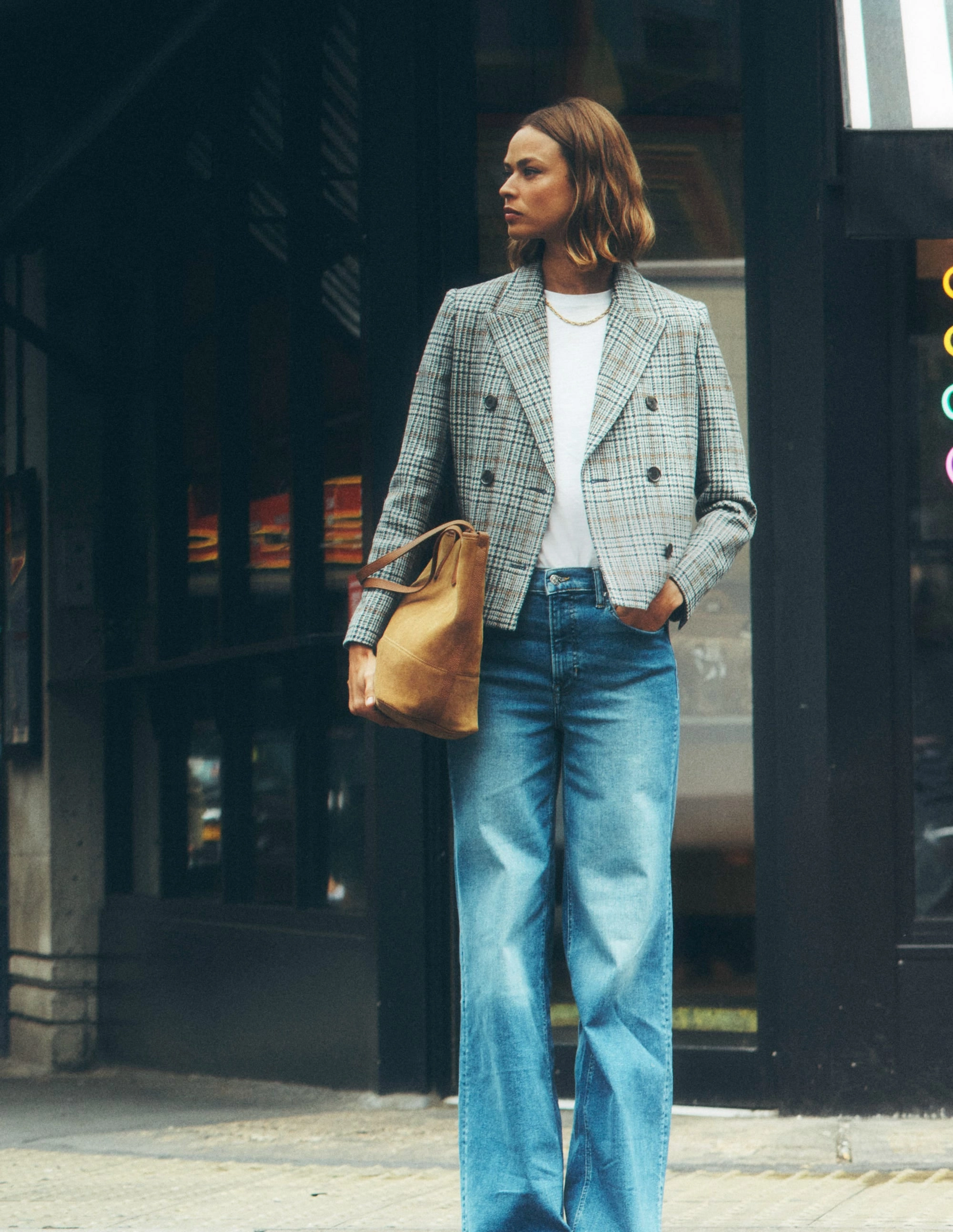Boxy Double Breasted Blazer-Blue, Grey Check SoftshellMaterial DurableOuterShell