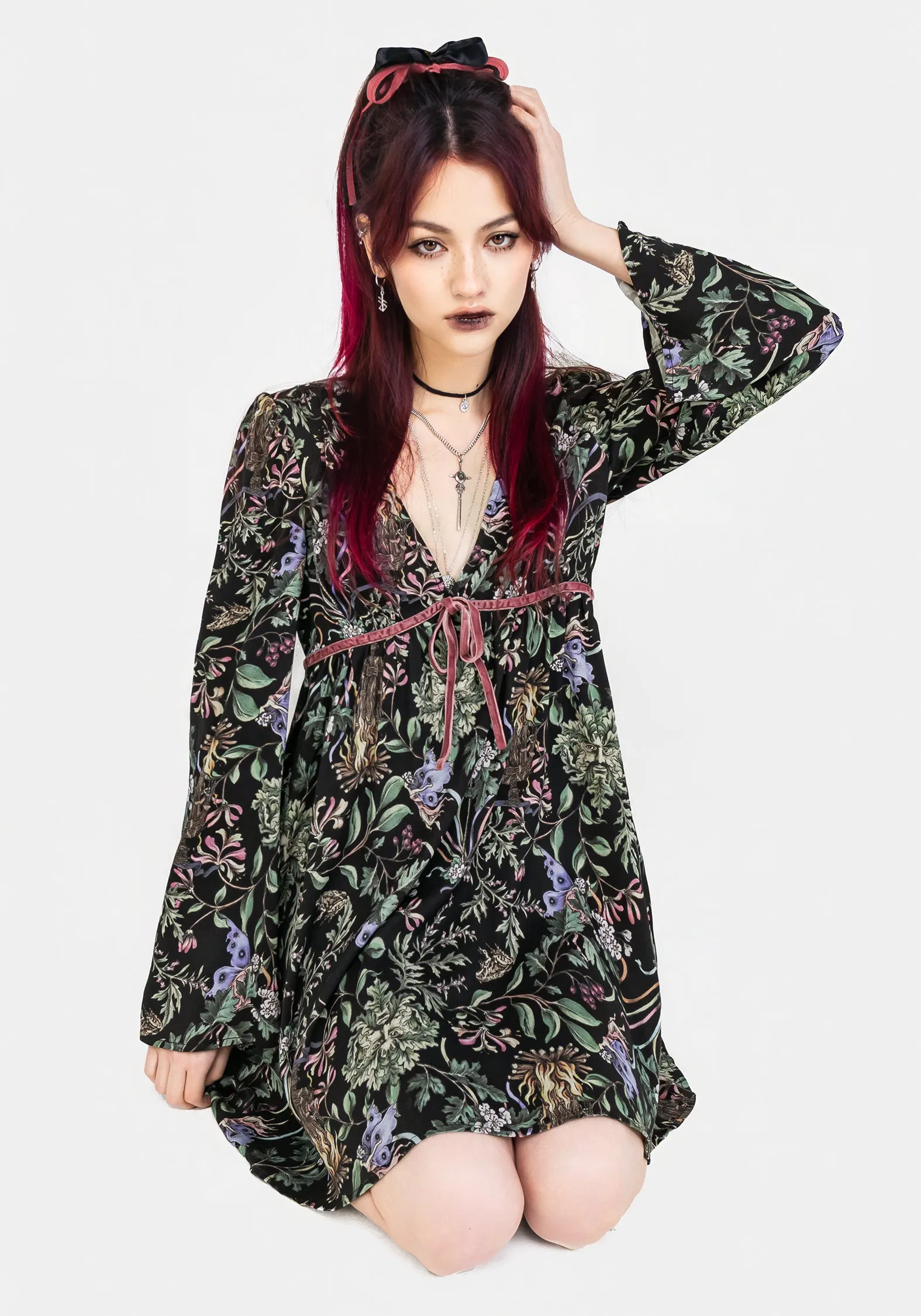 Beltane Flute Sleeve Mini Dress Cinched-Waist