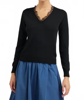 Cozy Choice Lace Detail V-Neck Sweater In Black