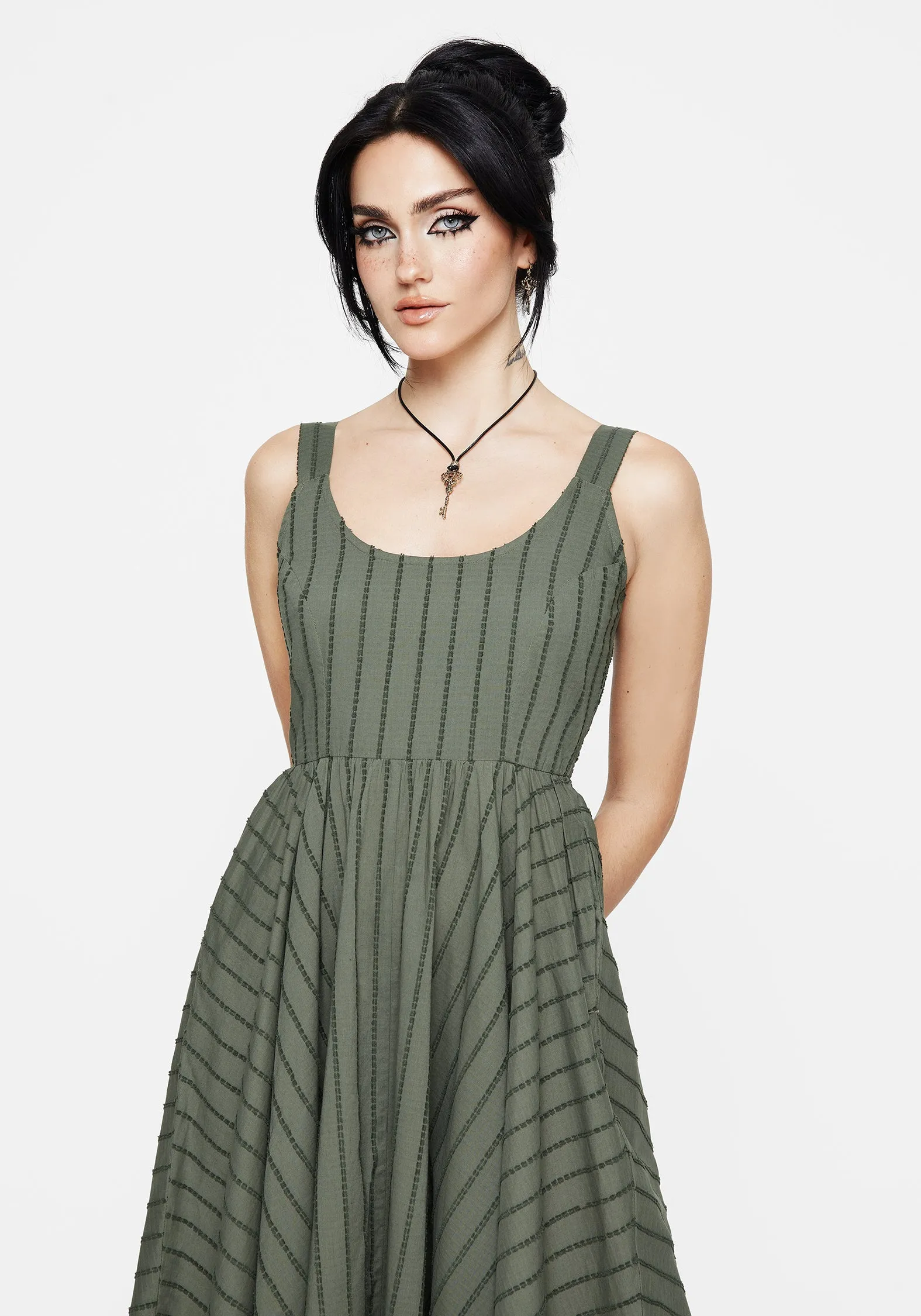 Comfortable Layer Neutral palette Blythe Cotton Handkerchief Hem Midaxi Dress - Green